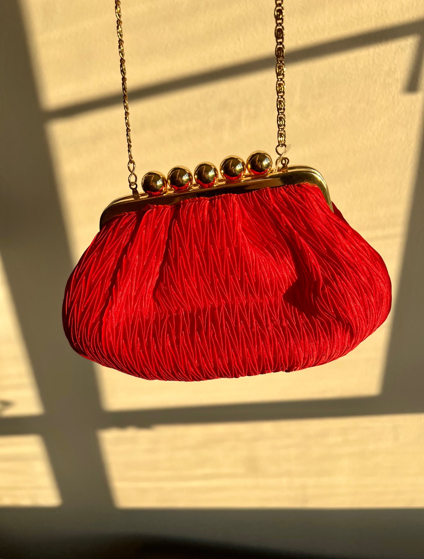 Crossbody Clutch, Robinsons Vintage Red Evening Purse, Handbag (1980s, 1990s) Pleated Satin