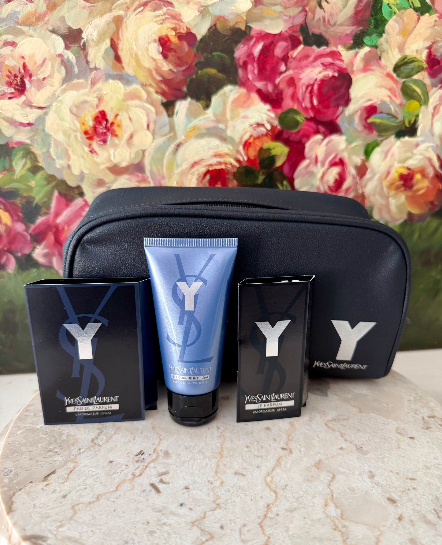 YSL, Yves Saint Laurent Y Eau de Parfum Gift Set, with Two Perfume Samples, a Shower gel, and Matching Pouch