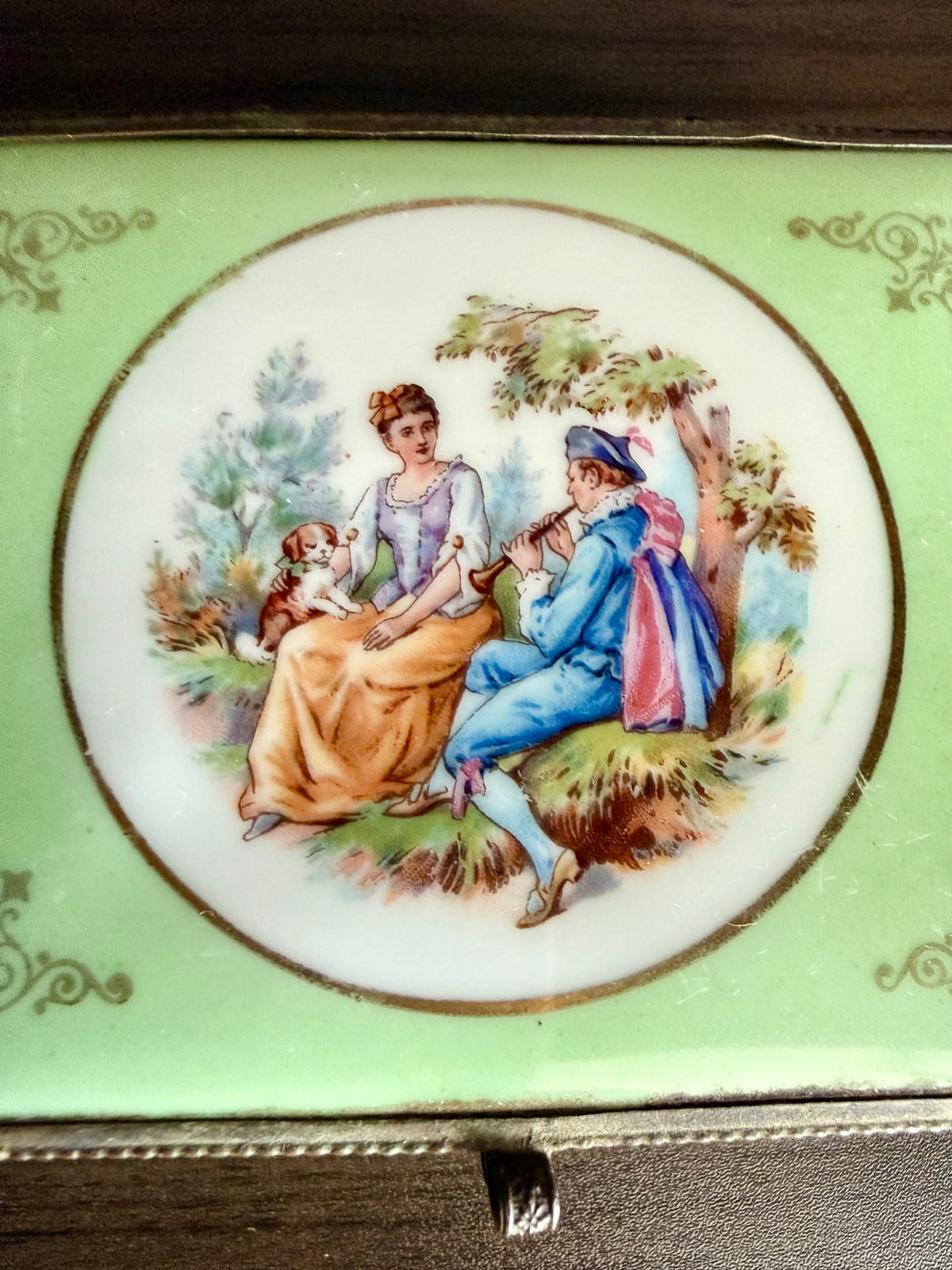 Antique European French Style Green Porcelain Jewelry or Trinket Hinged Box