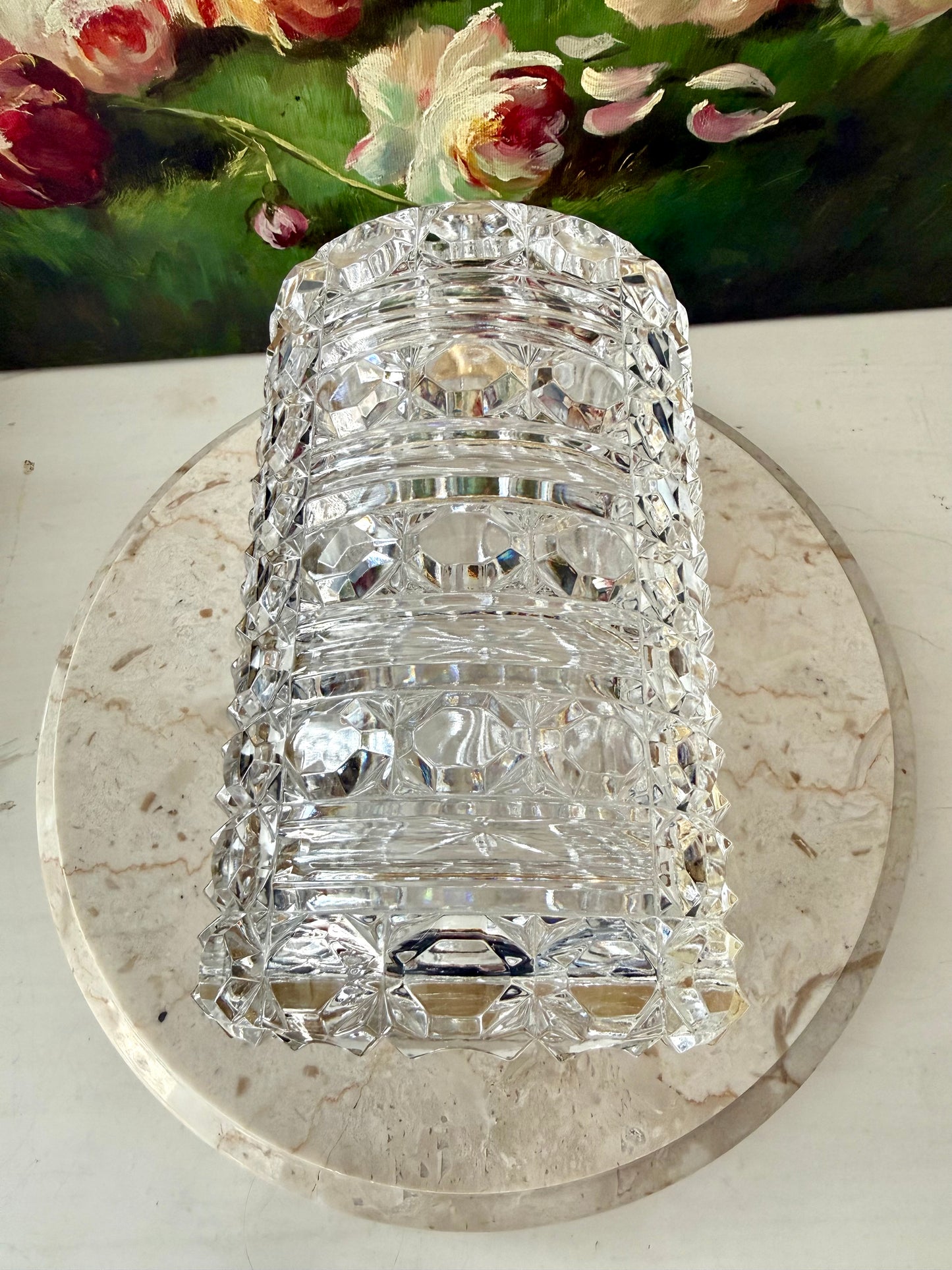 1960s Baccarat Style Heavy Cut Crystal Large Lidded Vintage Jewelry or Trinket Box/ Casket with Brass Frame
