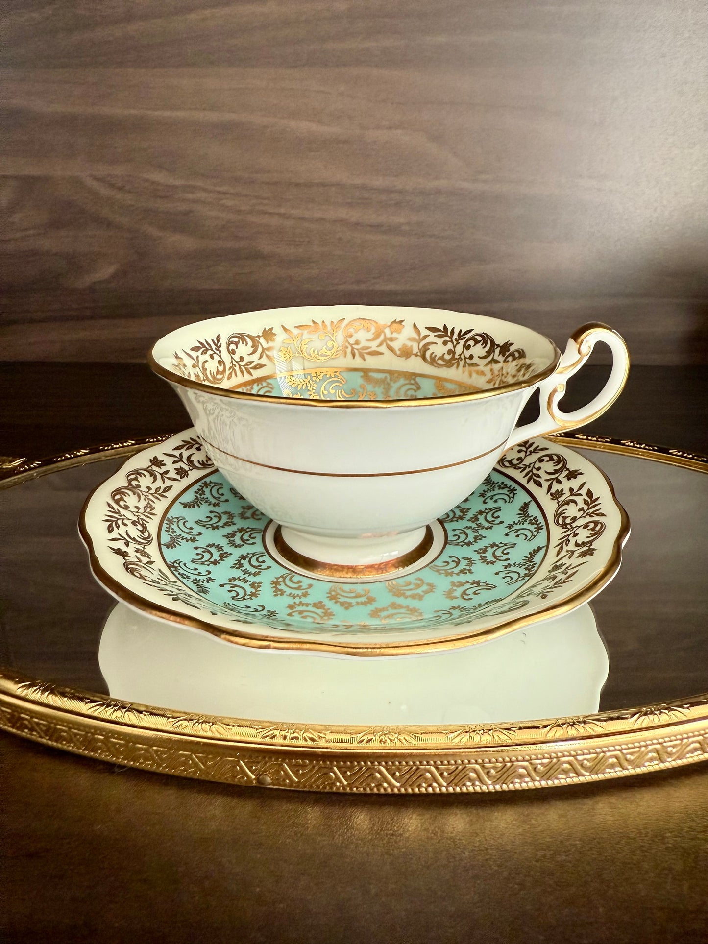 1950s Paragon Fine Bone China Vintage Aqua Green, Gold and Floral Porcelain Tea Cup and Saucer Set, Made in England