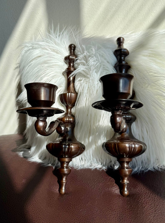 Vintage Wall Decor Candlestick Holder Candelabra Large Sconces, Cast Iron and Stunning Bronze-brown Finish (2 pieces/ one pair)