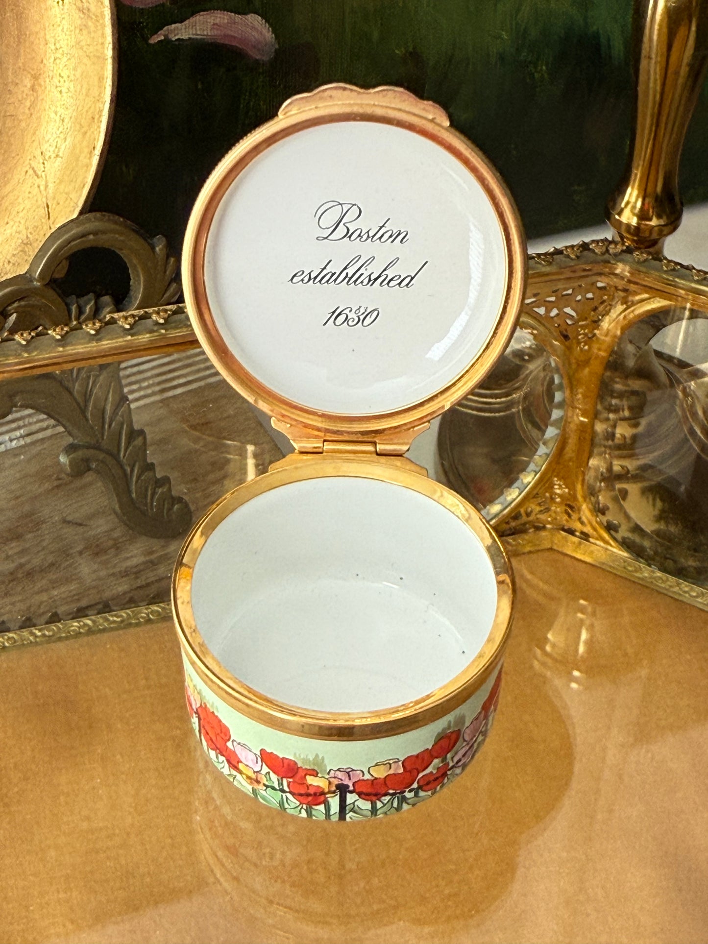 Halcyon Days Designed by Tiffany & Co. Boston Swan Boats Vintage Enamel Pill, Jewelry or Trinket Box