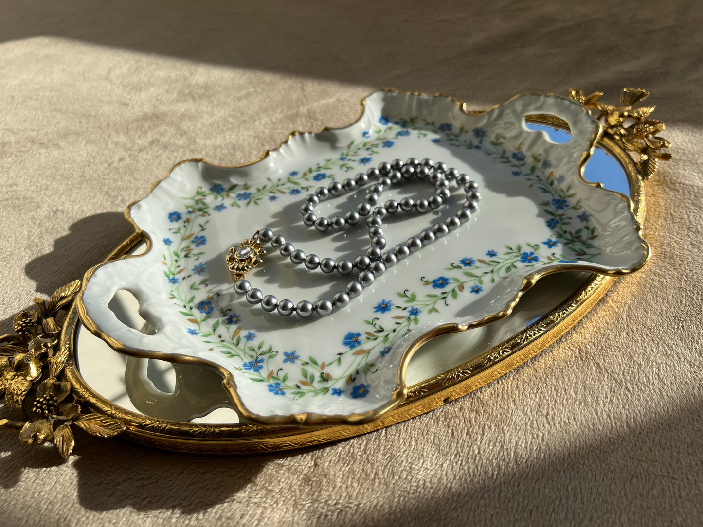 Limoges Vintage Chamart France Blue Floral and Gold Porcelain Tray