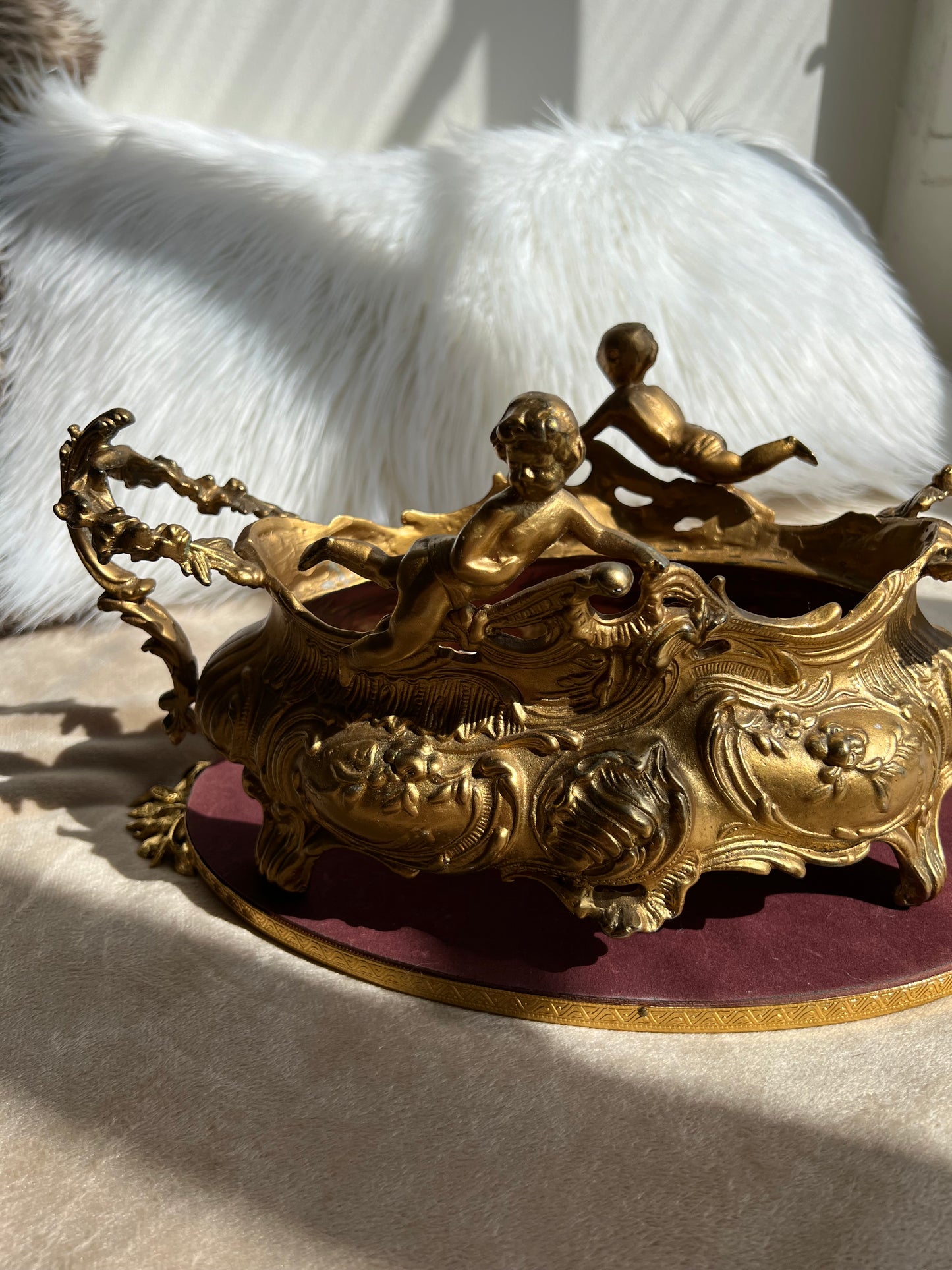 French Art Nouveau Vintage Brass Jardiniere Planter With Two Cherubs