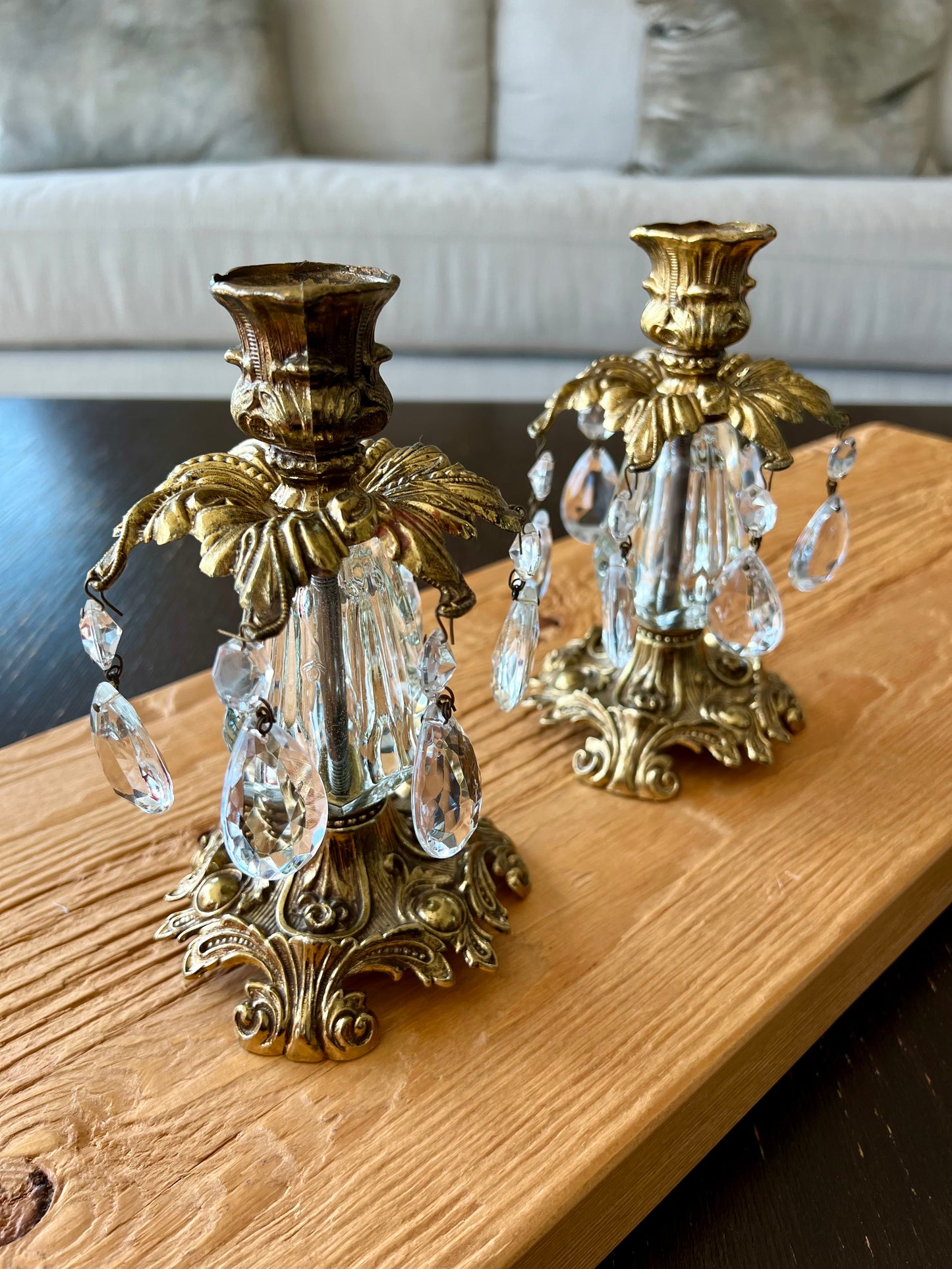 Beautiful Hollywood Regency Mid Century Vintage Gold Brass Candle Holders with Hanging Crystal Prisms - a Pair (2)