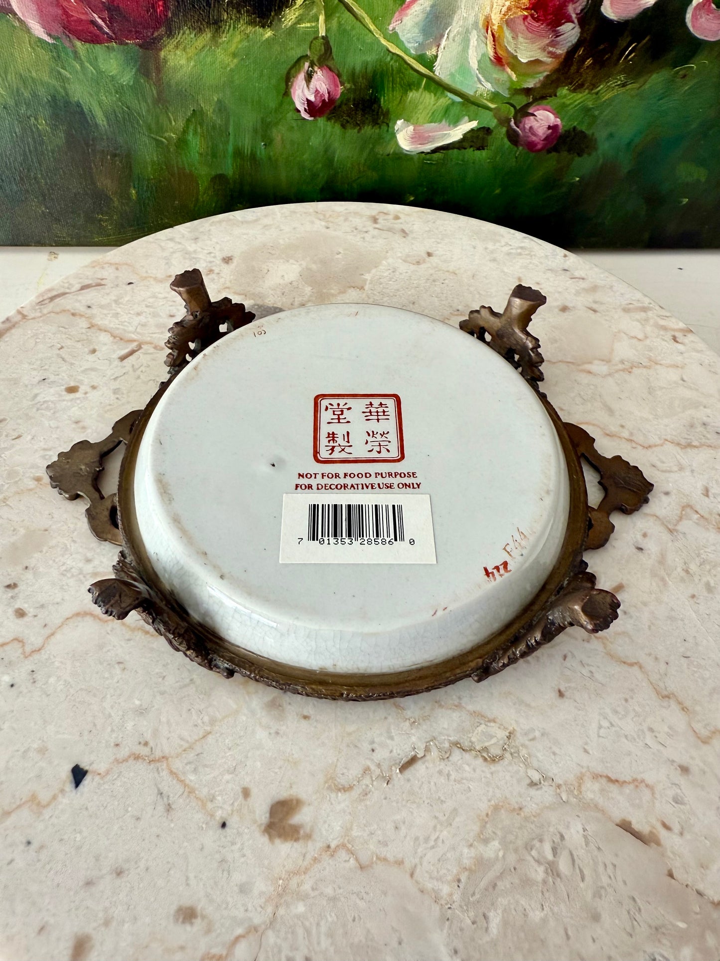 Antique Porcelain Chinese Hua Rong Tang Zhi Bronze Footed, Enameled Hand-Painted Flowers Trinket or Soap Dish, Ornate Tray