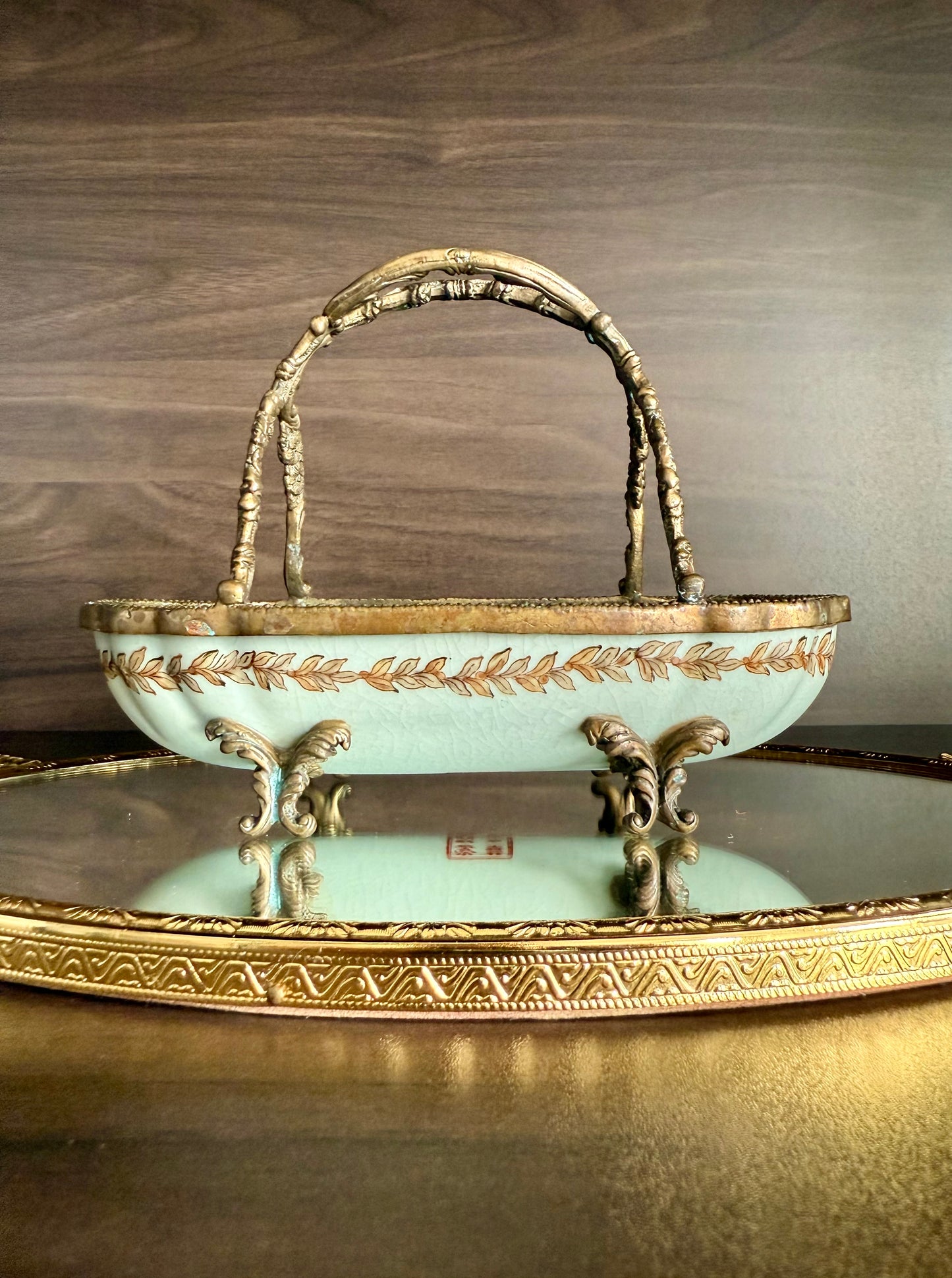 Antique-Looking Art Nouveau Style Porcelain Floral Crackle Glazed Footed Basket Trinket Dish with Bronze Handle