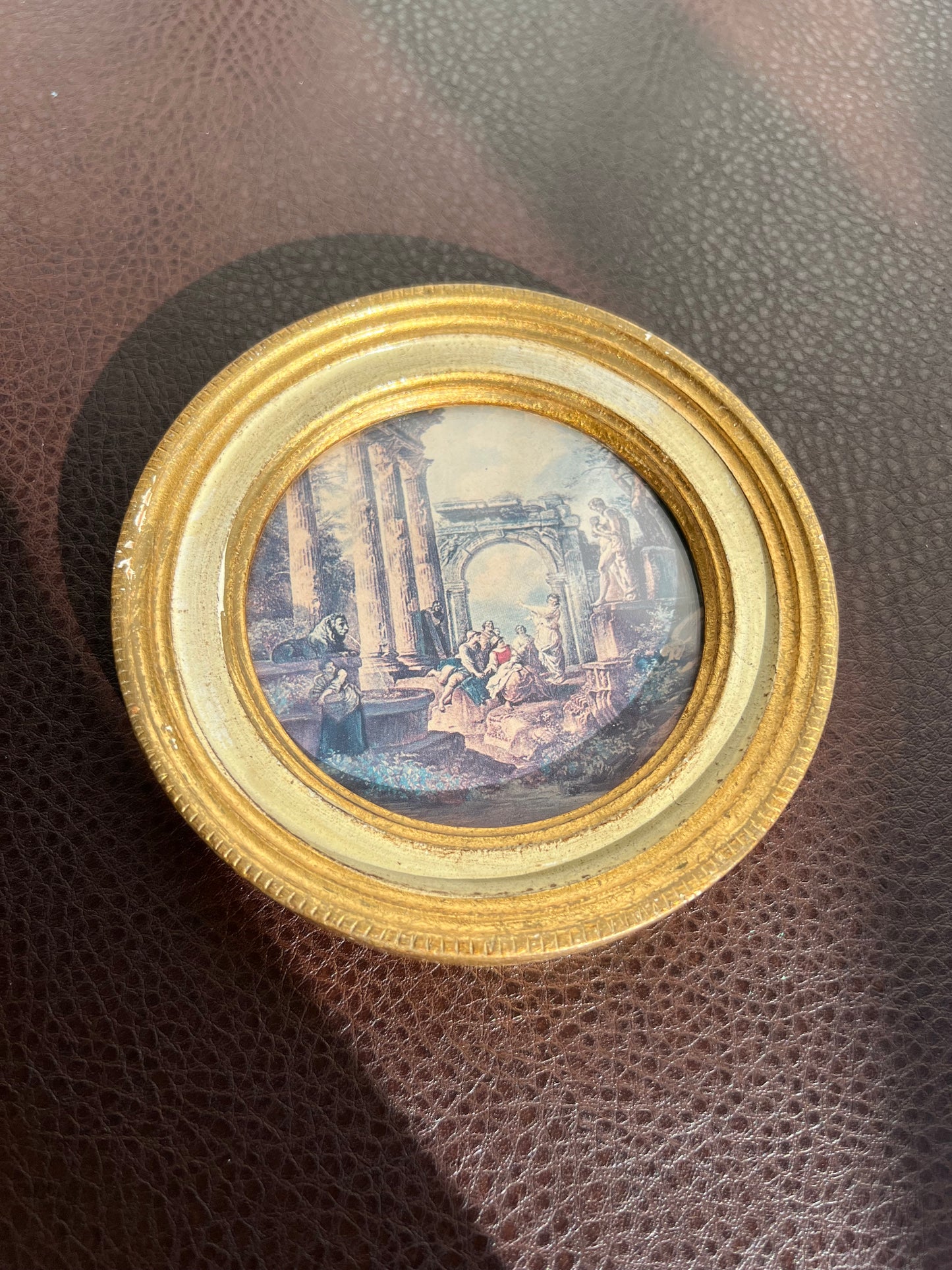 Italian Miniature Round Vintage Florentine Gilt Wood Framed Print