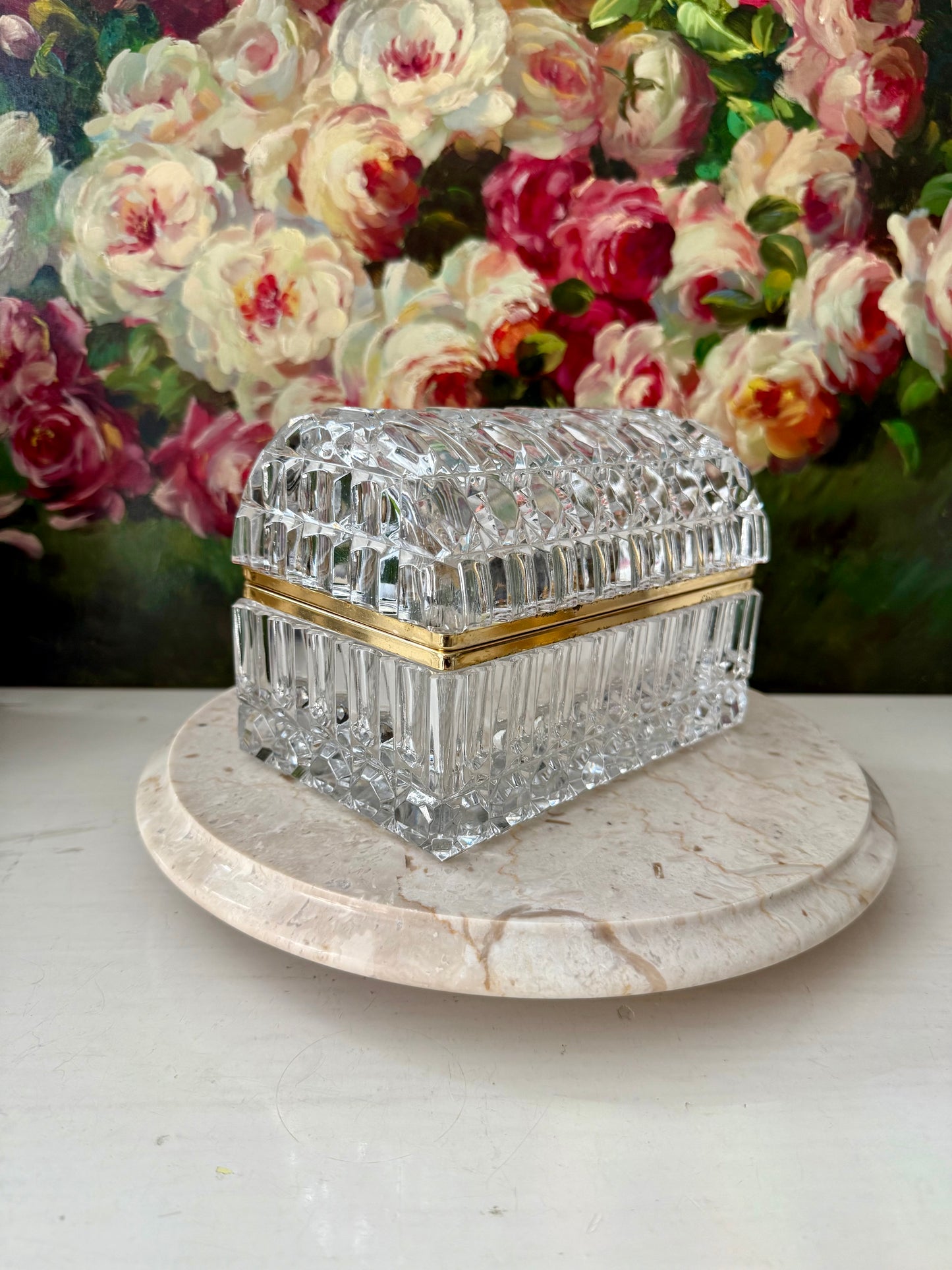 1960s Baccarat Style Heavy Cut Crystal Large Lidded Vintage Jewelry or Trinket Box/ Casket with Brass Frame