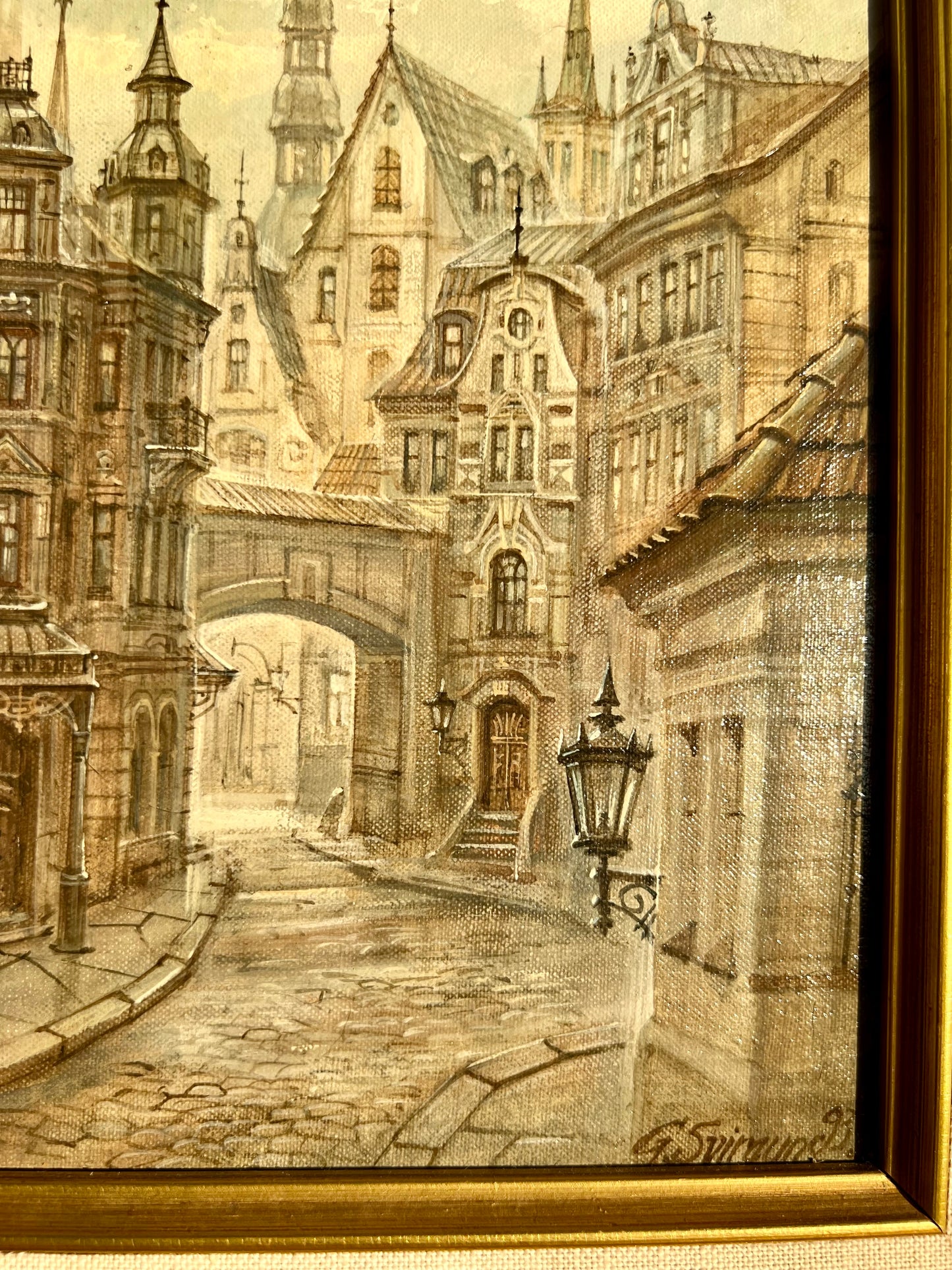 Very Unique “Riga” Old City Original Artwork Vintage Oil Painting with Wooden Framed Signed by G.Sviraunc