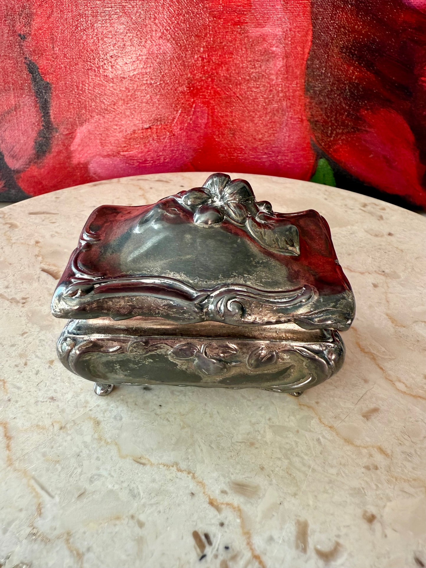 Art Nouveau Style Vintage Metal Floral Casket Jewelry Box, from Early 20th Century, Made by Jennings Brothers (JB 181)