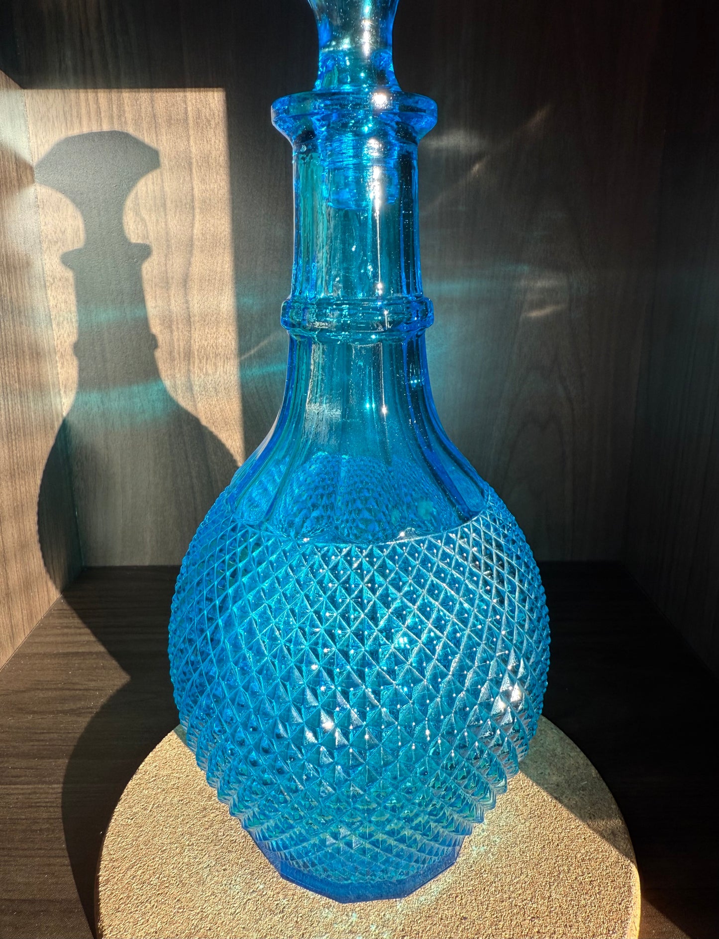 Mid-Century Italian Vintage Empoli-Style Blue Diamond Cut Glass Decanter Bottle