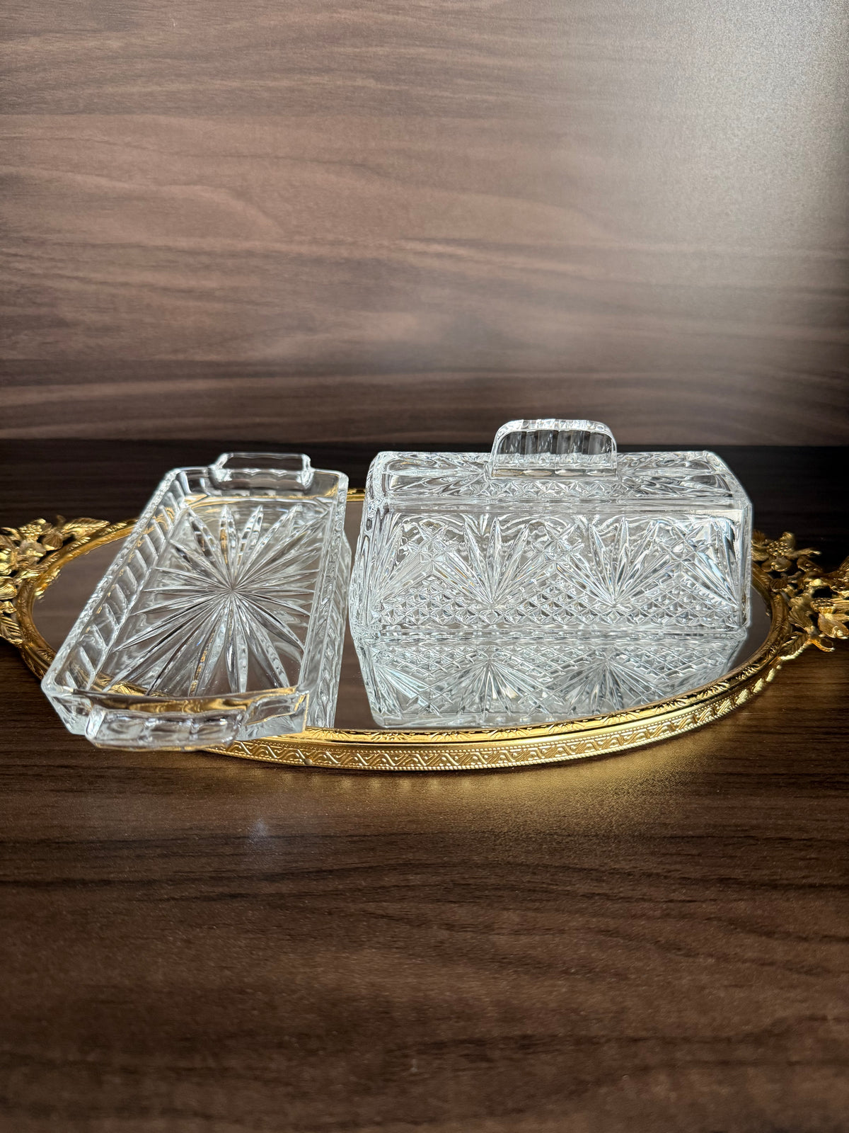 Vintage Cut Crystal Glass Butter Dish with a "Cherrywood Clear" Style Pattern