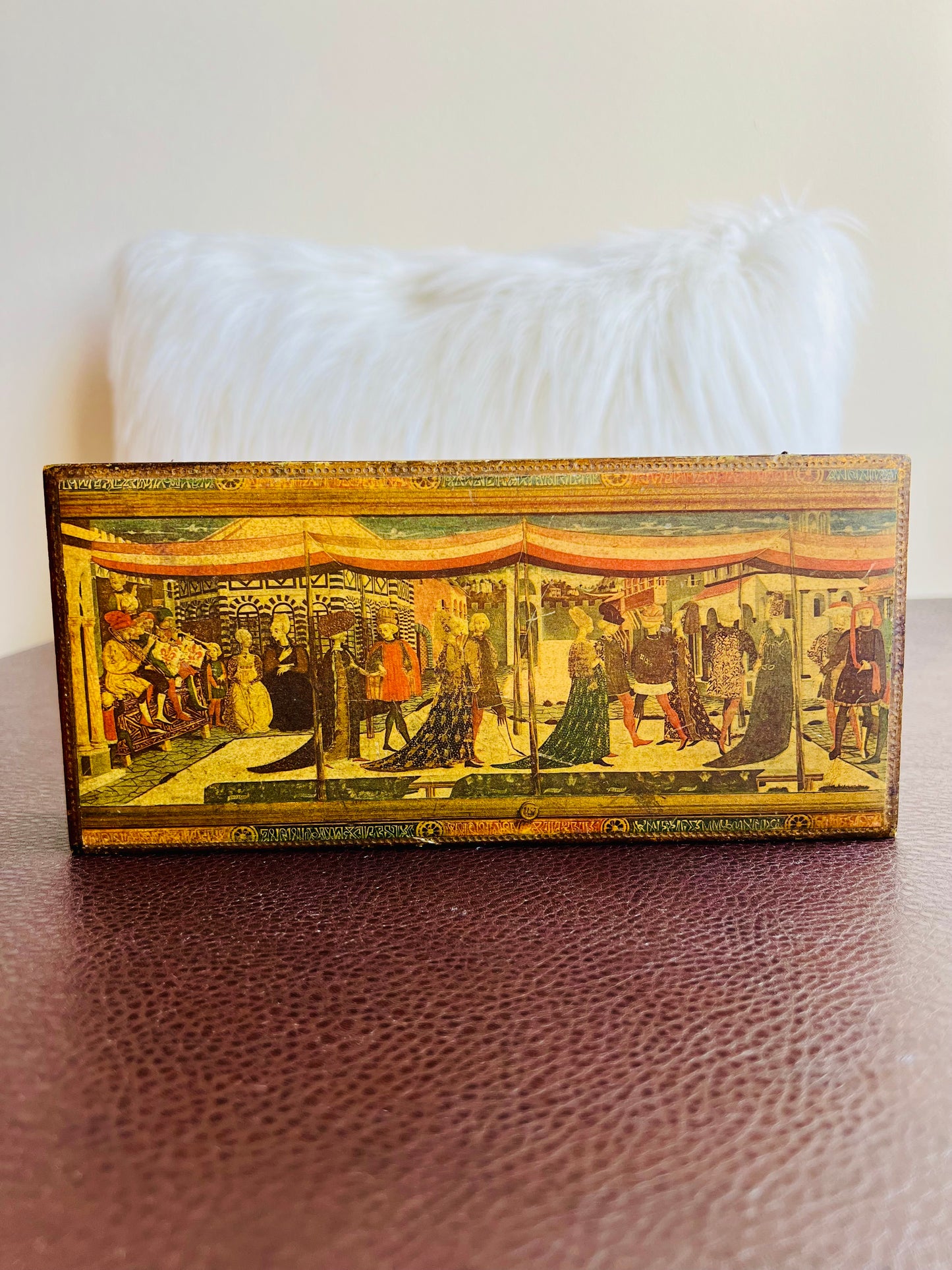 Italian Florentine Gold Gilt Large Jewelry/ Trinket Wooden Box, Wedding Scene on Top of the Lid