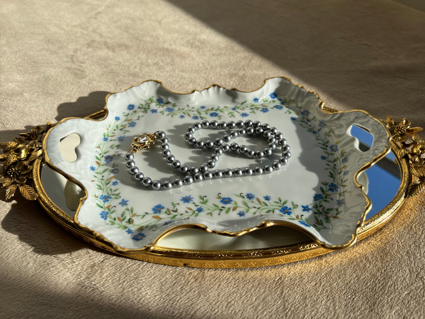 Limoges Vintage Chamart France Blue Floral and Gold Porcelain Tray