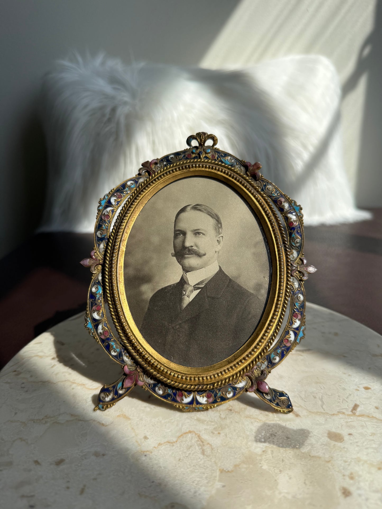 Antique French Style Colorful Enamel Bronze Photo Frame with Black and White Picture of a Gentleman from 19th Century