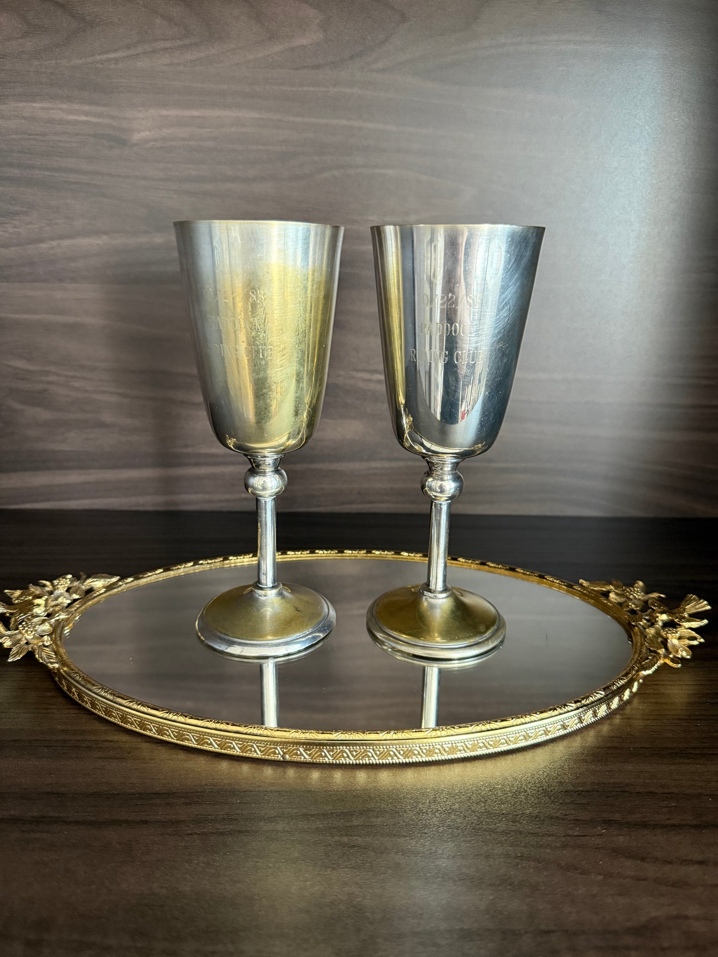A Pair of Vintage Silver-Plated Wine Glasses with Long Stems and Slightly Flared Tops - these from the estate of Hollywood actor, writer, director, and producer Howard Storm
