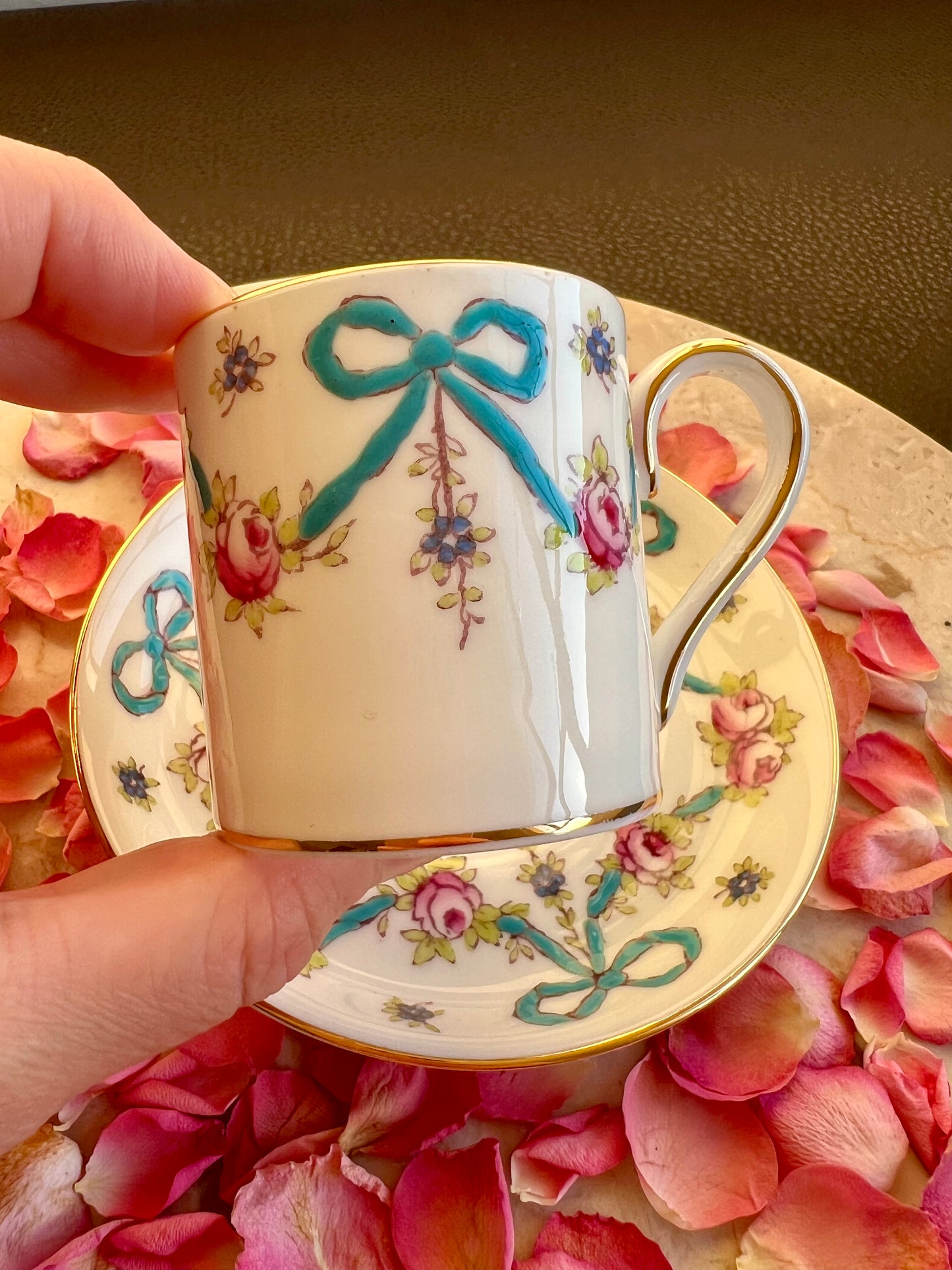 Crown Staffordshire Bright Blue Enameled Ribbon and Looped Bows Pattern Coffee Cup and Saucer from 1940-50's