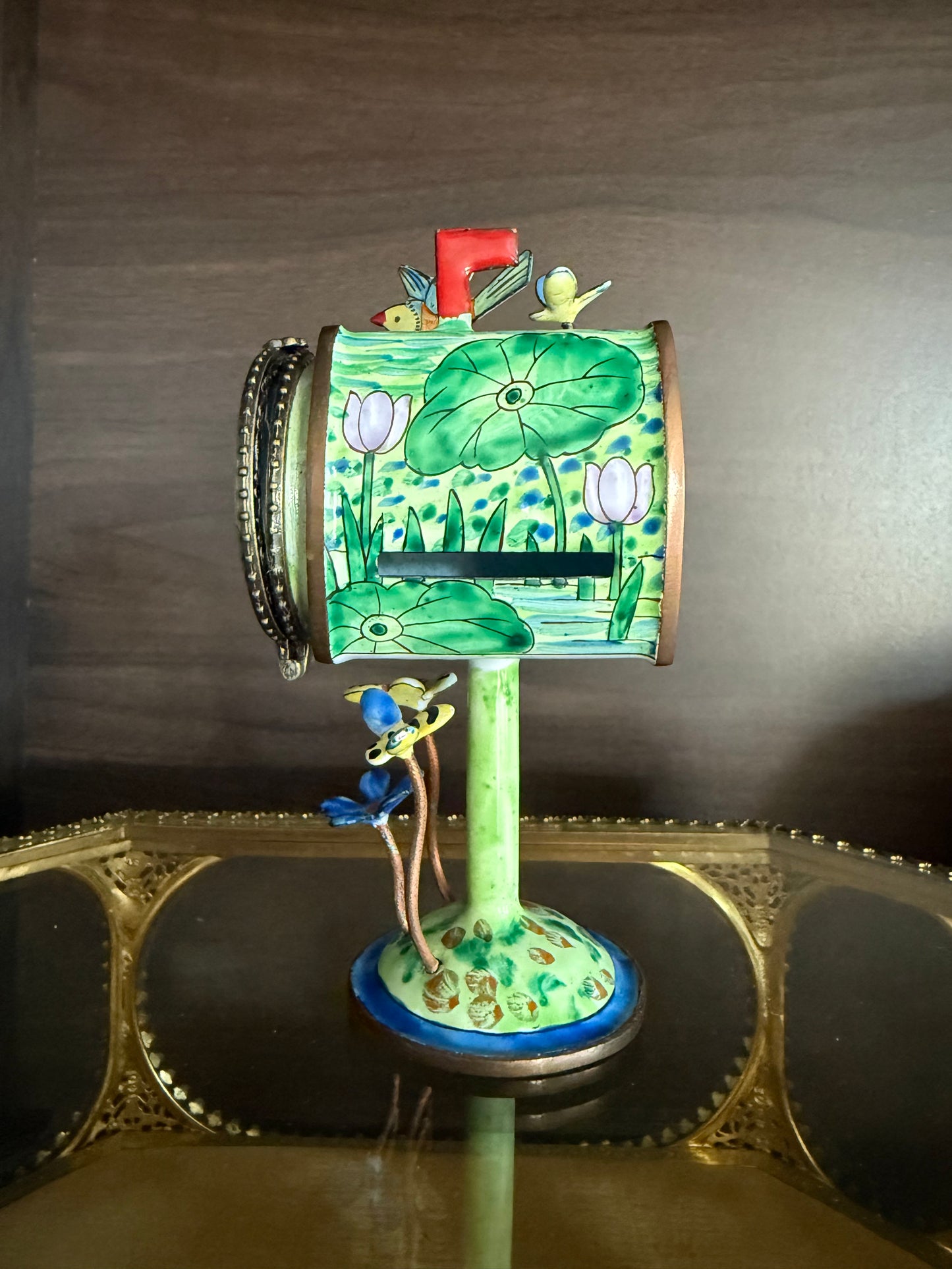 Vintage Hand-Painted Enamel on Copper Miniature Kelvin Chen Mailbox, Trinket Box and Stamps Holder - Numbered