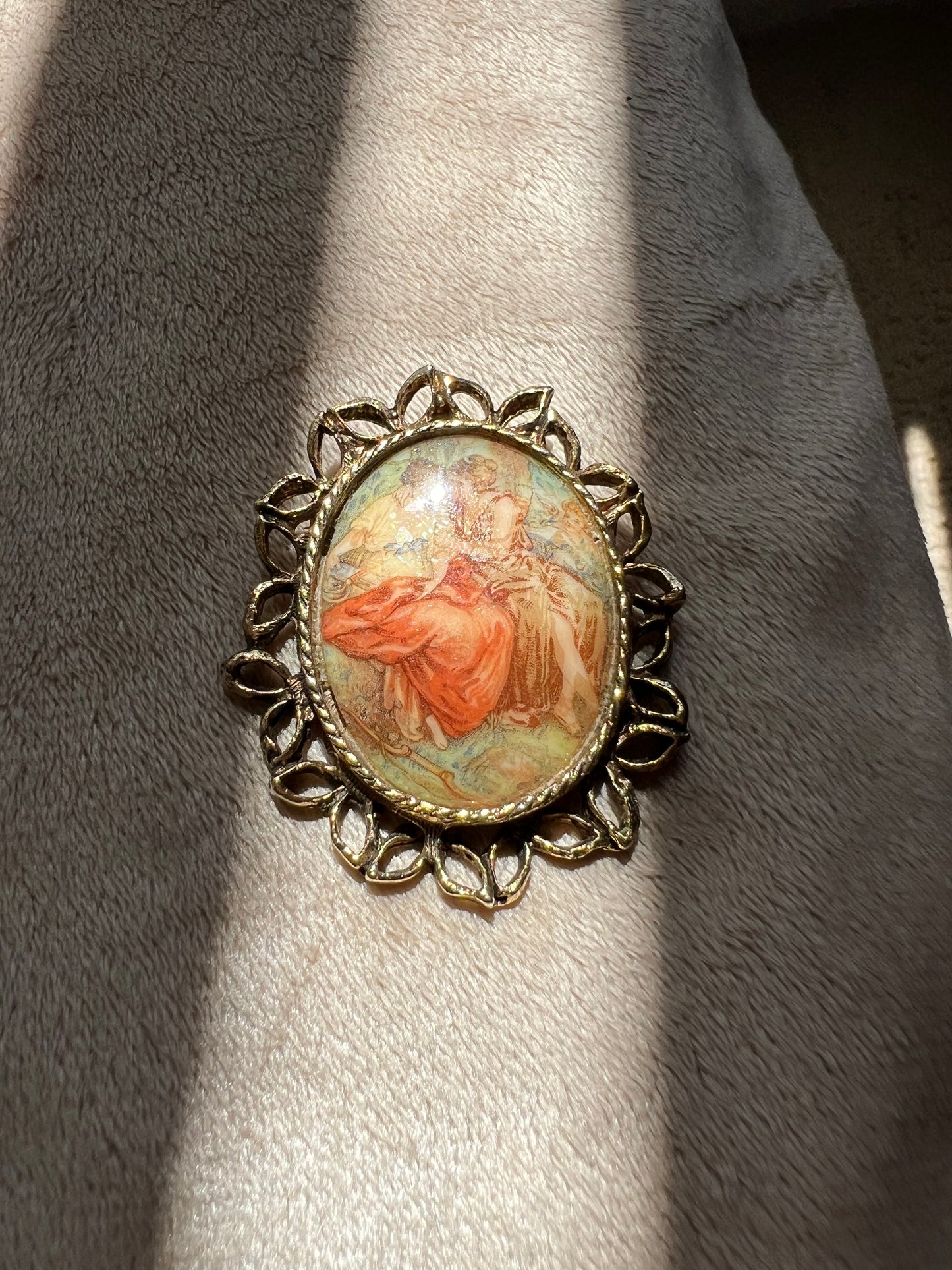 Porcelain Vintage Oval Fragonard Style Brooch