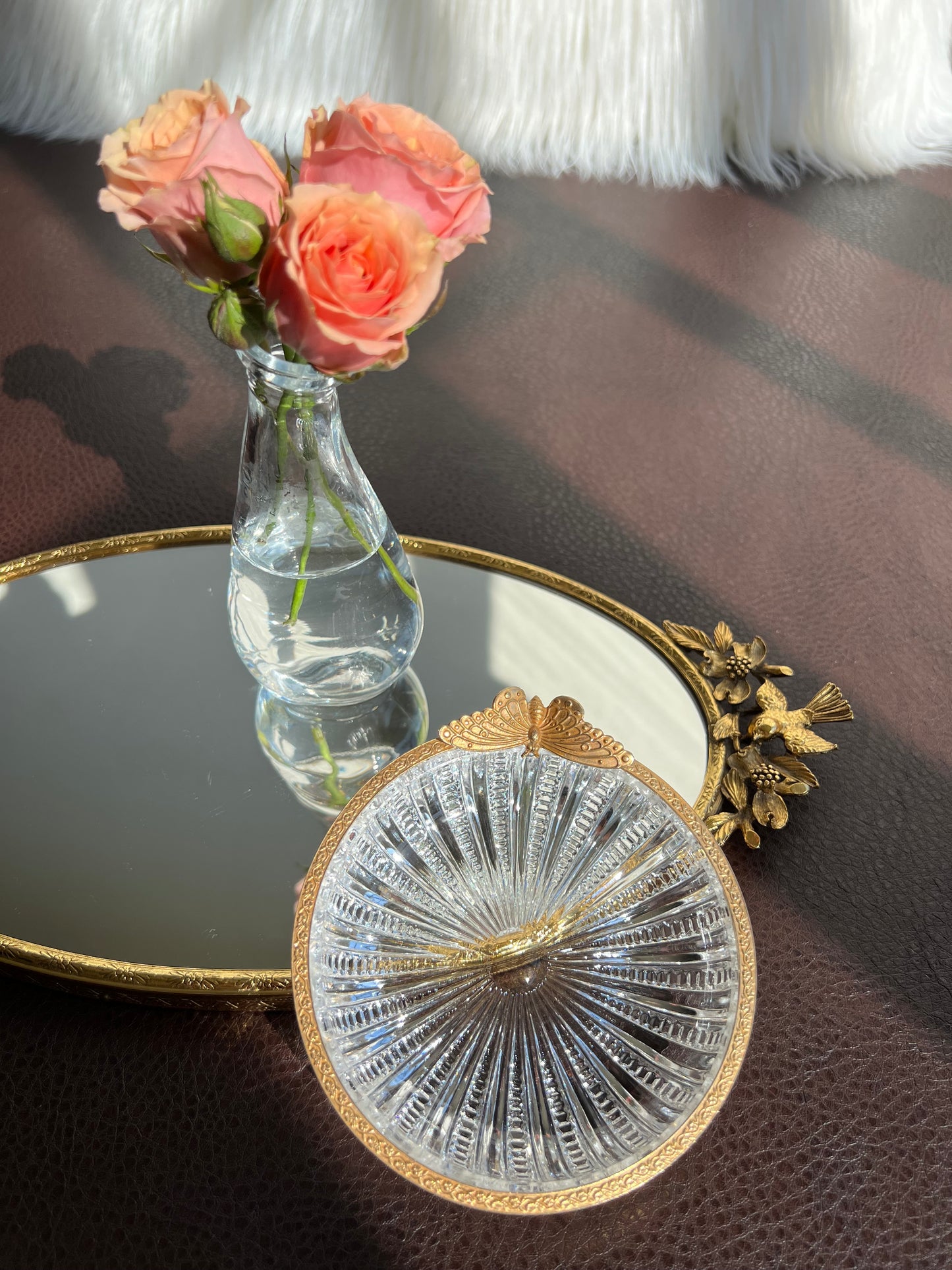 French Cut Crystal Glass Vintage Trinket Dish with Gilt Rim and Butterfly