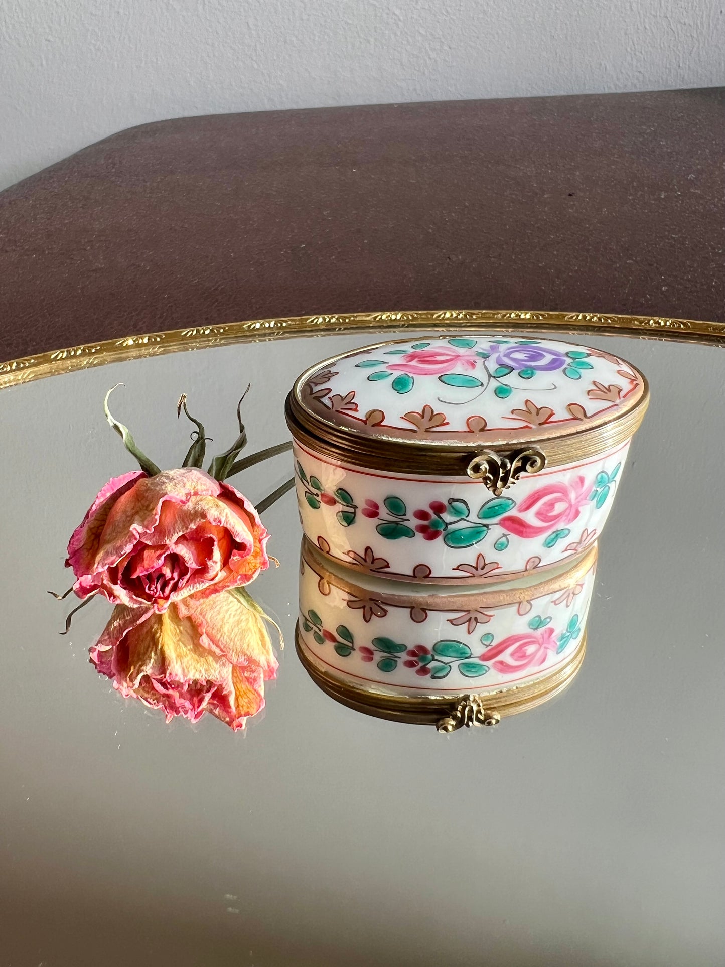 Antique/ Vintage French Oval Porcelain Miniature Jewelry or Pill Box with Decorative Floral Motifs - Double Red LL and ‘Made in France’ Marks on the Bottom