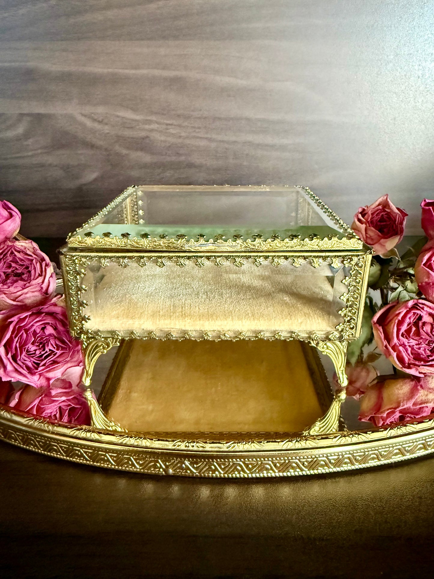 French Style Beveled Glass Vintage Brass Footed Jewelry Casket or Trinket Box from the 1950s