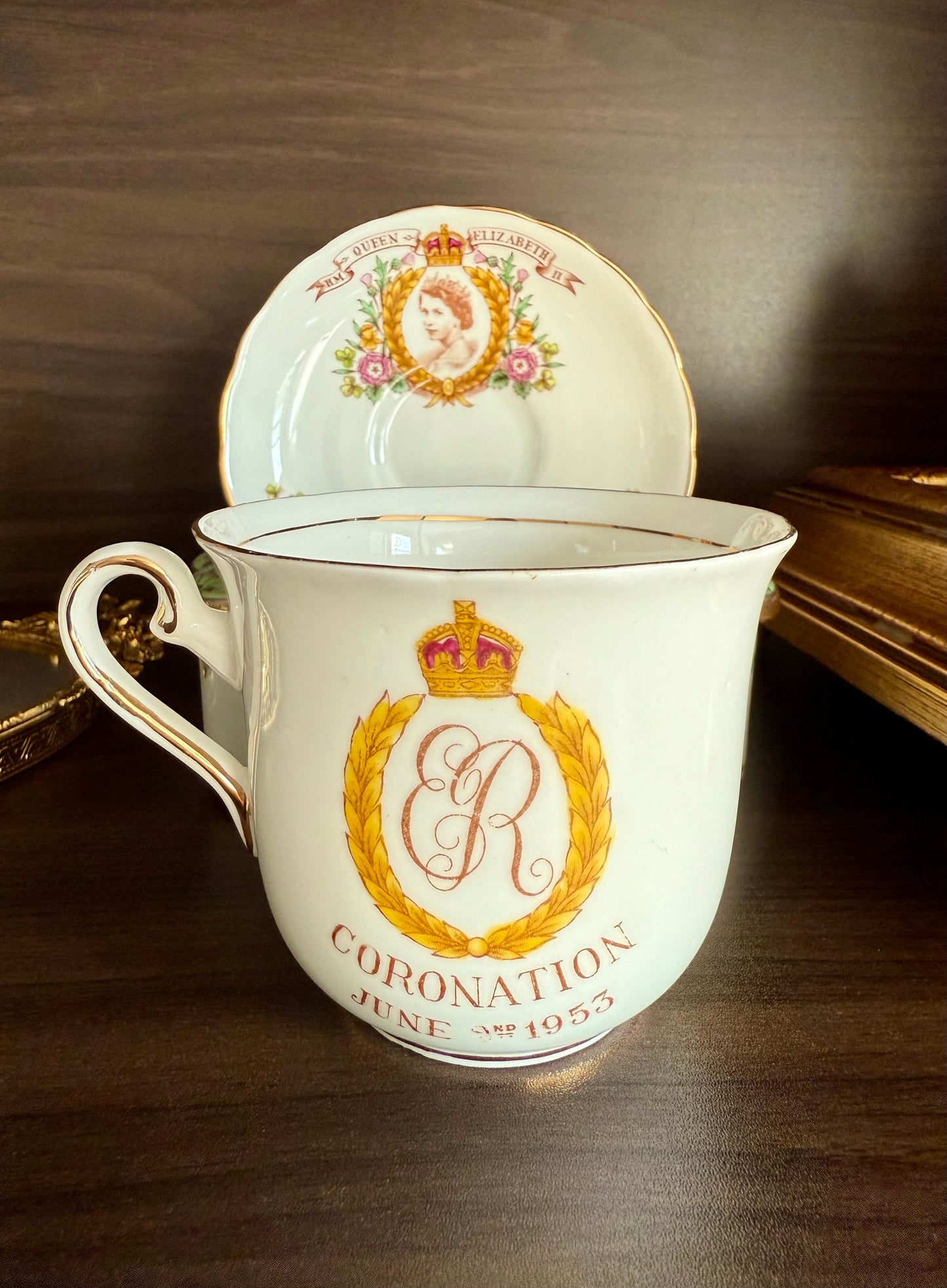 Coronation 1953 H.M. Queen Elizabeth Vintage Tuscan Bone China Roses Tea cup and Saucer, Numbered