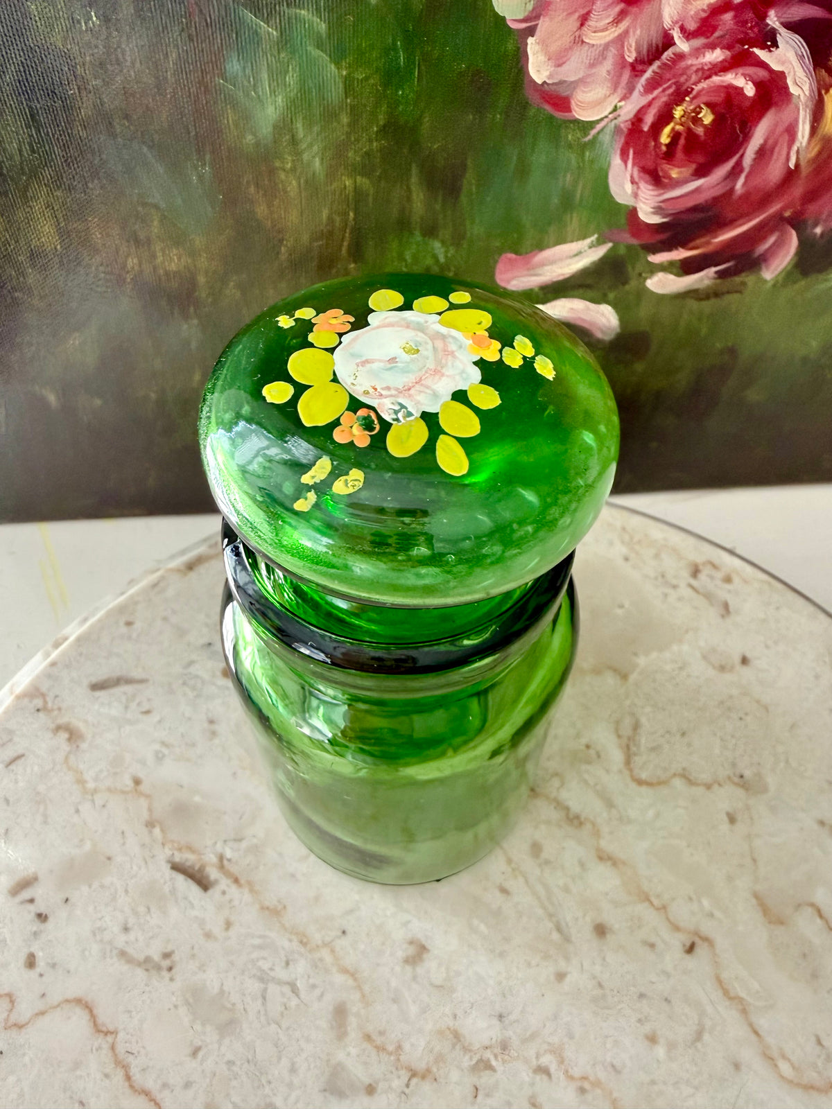Emerald Green Vintage Belgium Apothecary Jar Glass with Handmade Floral Painting on the Bubble Top Lid