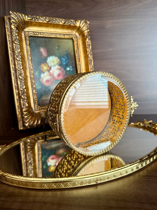 Hollywood Regency Style Vintage Round Gold Filigree Ormolu Glass Top Jewelry/ Trinket Box Footed