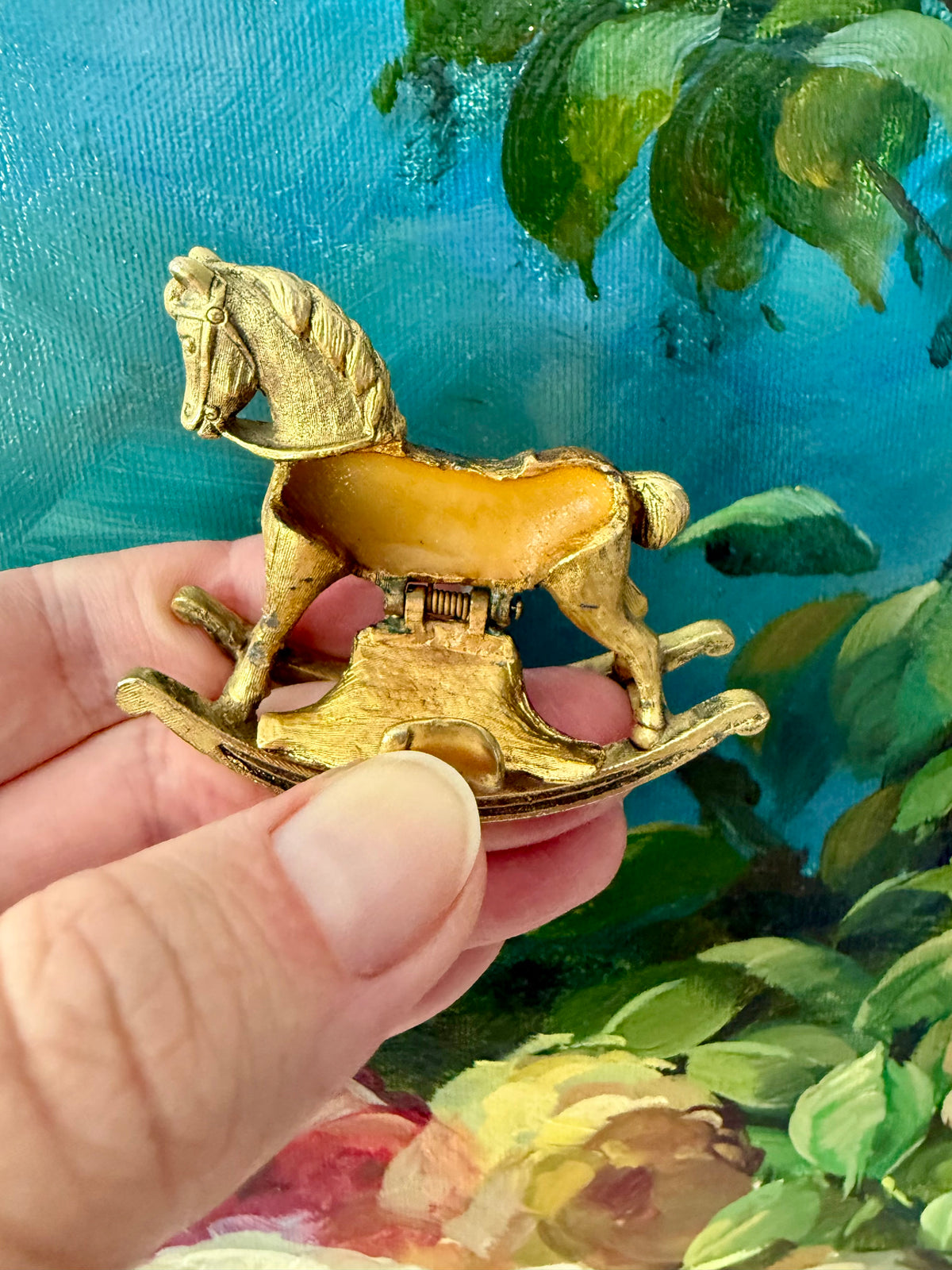 1970s Vintage Max Factor Gold-toned Metal “Rocking Horse” Perfume Compact
