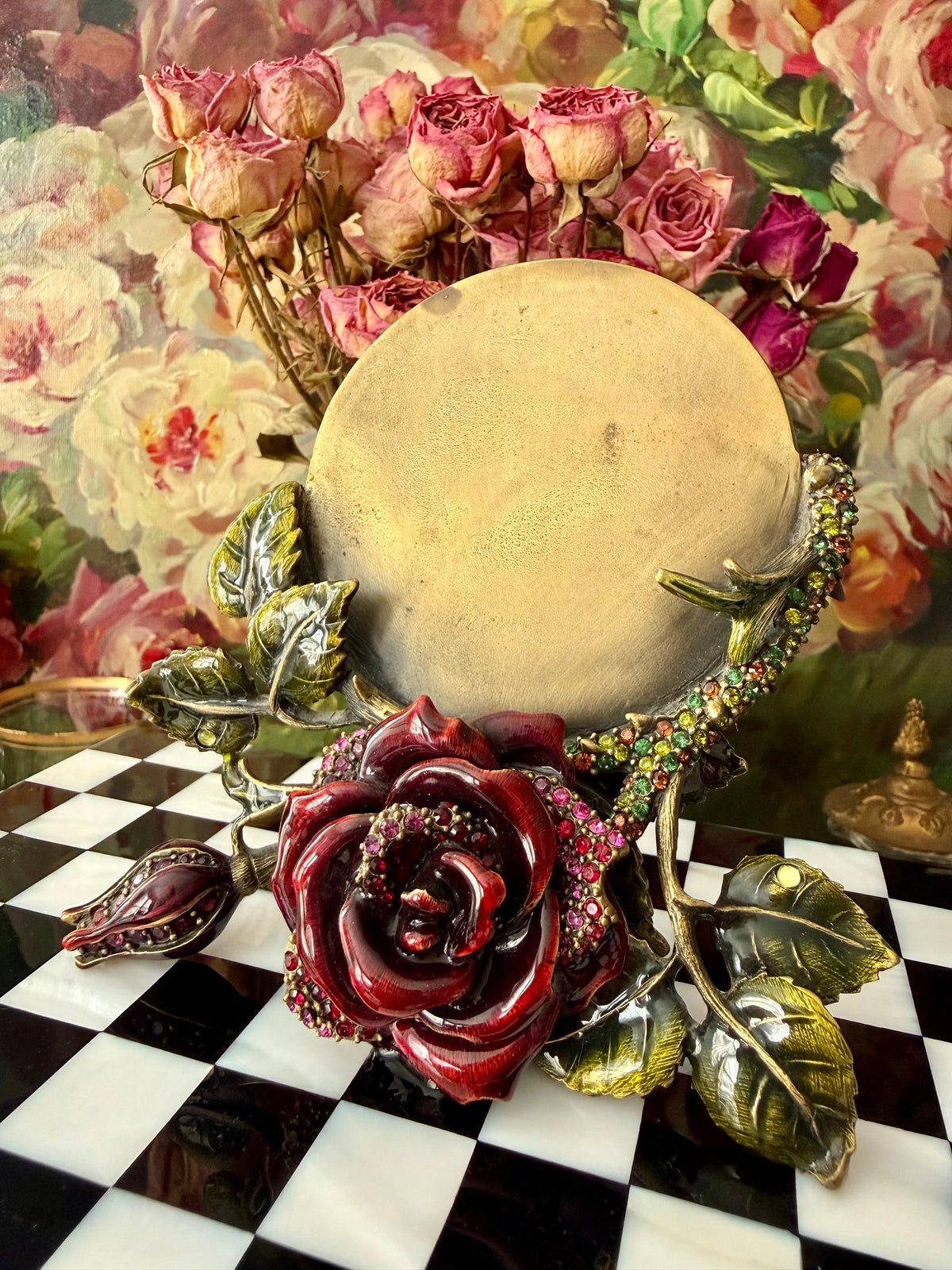 Jay Strongwater Red Rose Enamel Vintage Picture Round Frame with Sparkling Swarovski Crystals - Jewels for Home Rose