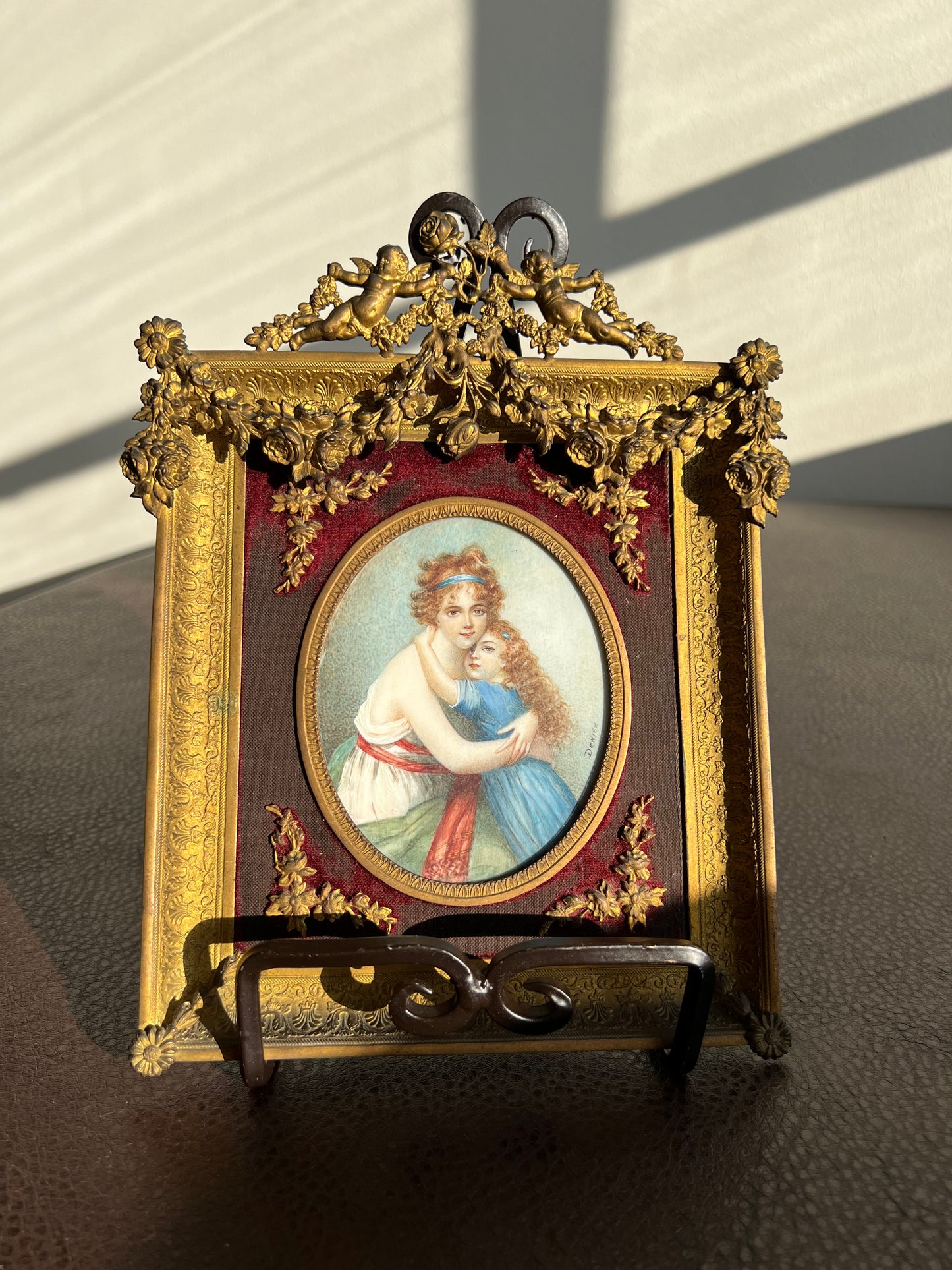 Antique French Mother and Daughter Miniature Portrait Signed Painting, Bronze Framed circa Late 19th Century