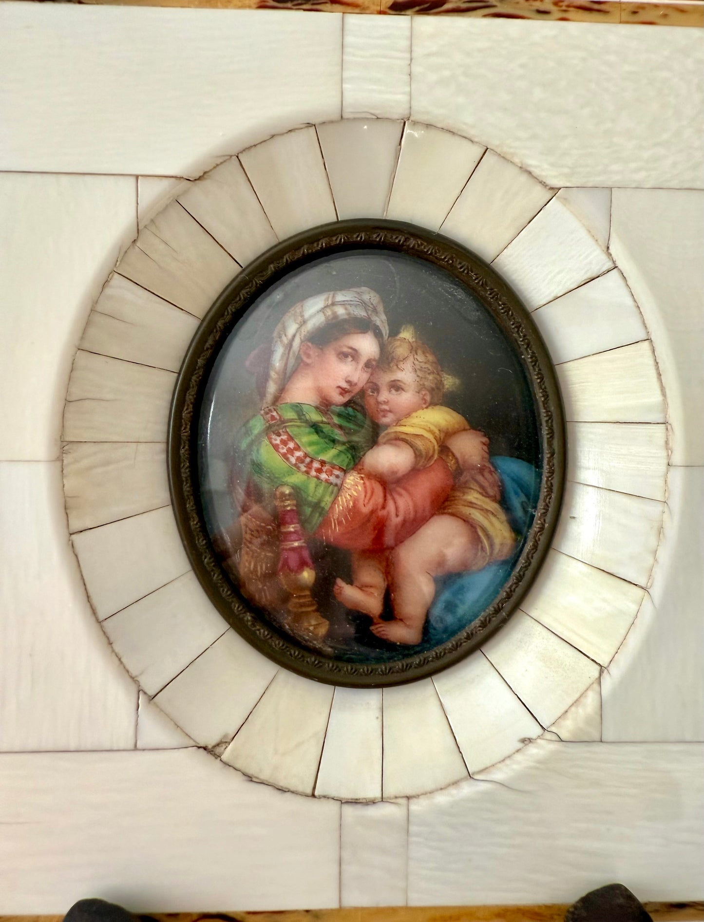Antique Italian Miniature Porcelain Plaque Hand-painted Madonna and Child in Bone Frame