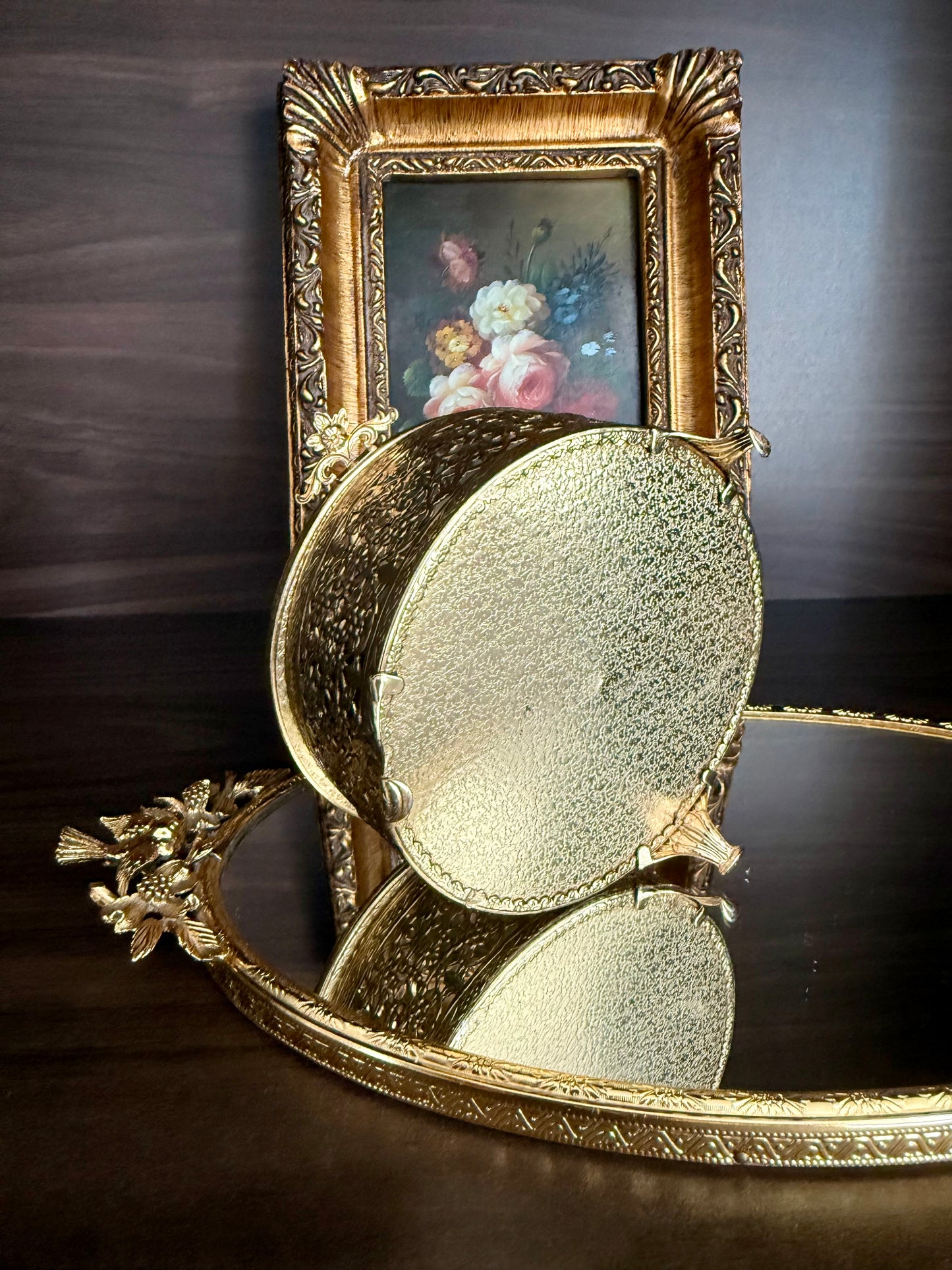 Hollywood Regency Style Vintage Round Gold Filigree Ormolu Glass Top Jewelry/ Trinket Box Footed