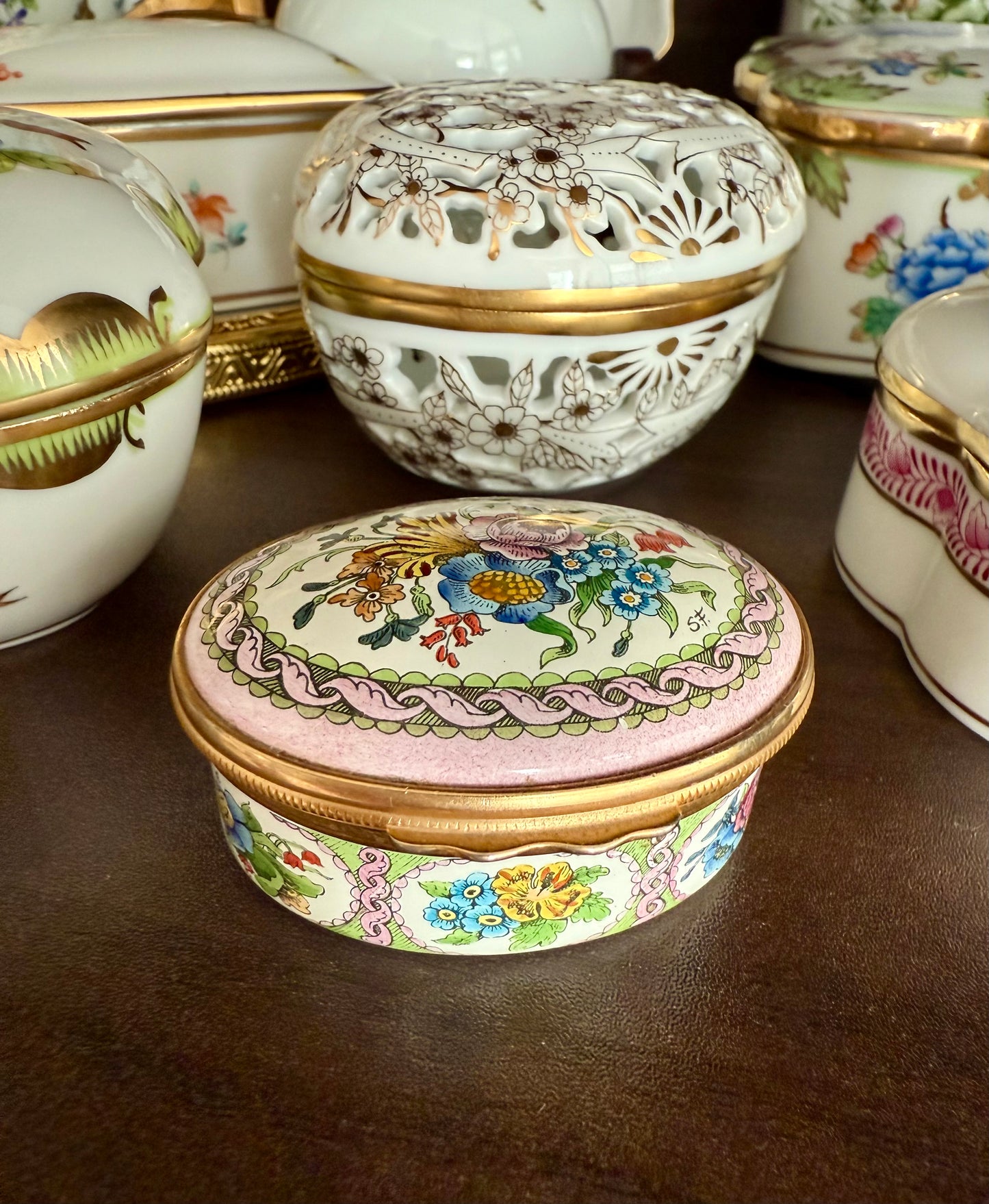 Halcyon Days Vintage Hand-Painted Enamel Floral Jewelry or Trinket Box, Made in England