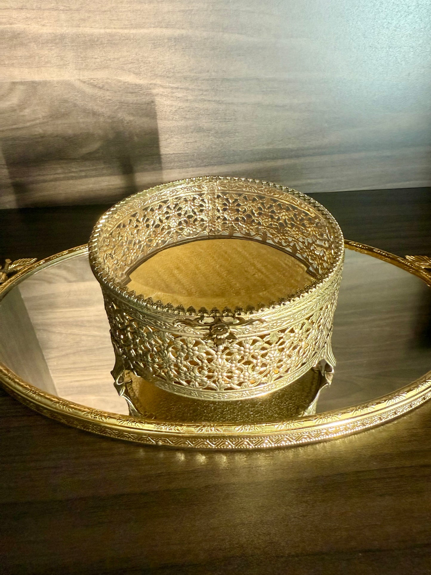 Hollywood Regency Style Vintage Round Gold Filigree Ormolu Glass Top Jewelry/ Trinket Box Footed