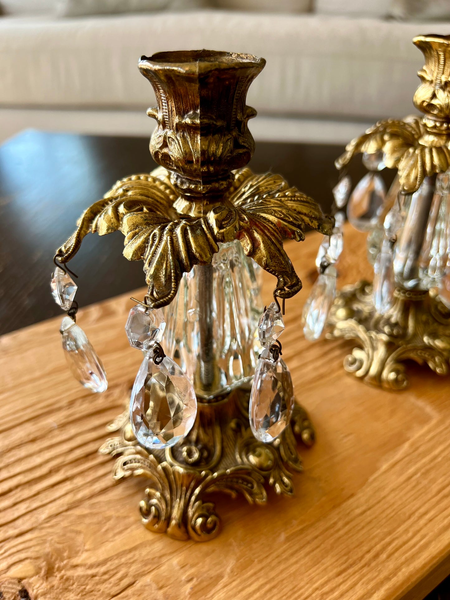 Hollywood Regency Mid Century Vintage Gold Brass Candle Holders with Hanging Crystal Prisms - a Pair (2)