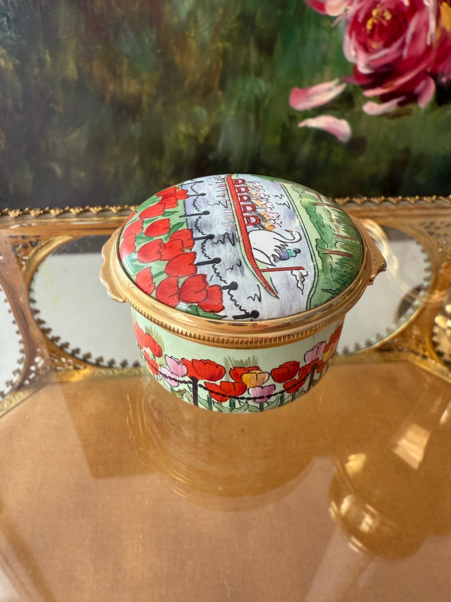 Halcyon Days Designed by Tiffany & Co. Boston Swan Boats Vintage Enamel Pill, Jewelry or Trinket Box