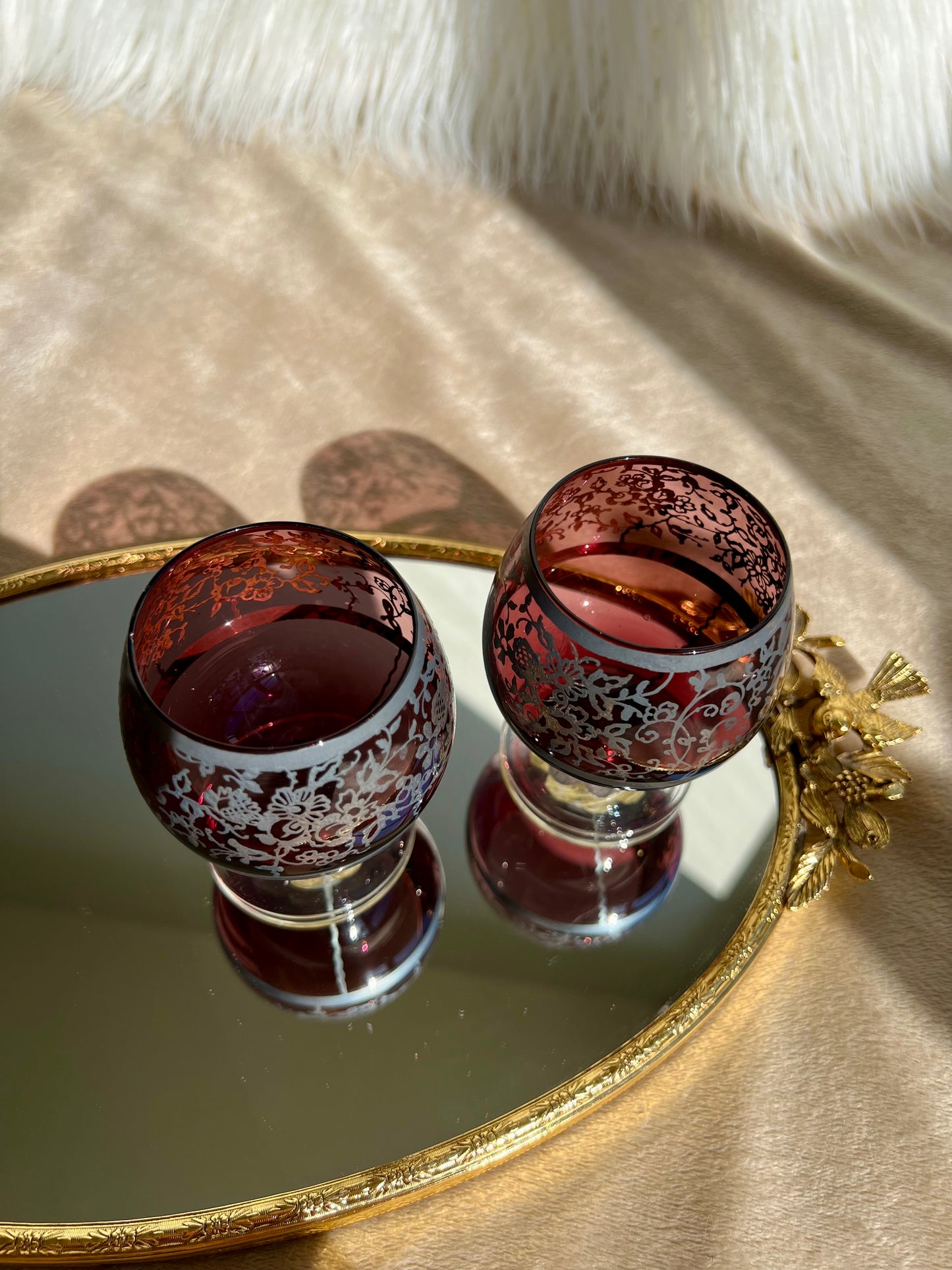 Vintage Colored Glass Silver Painted Trimmed Brandy Glasses set of 2