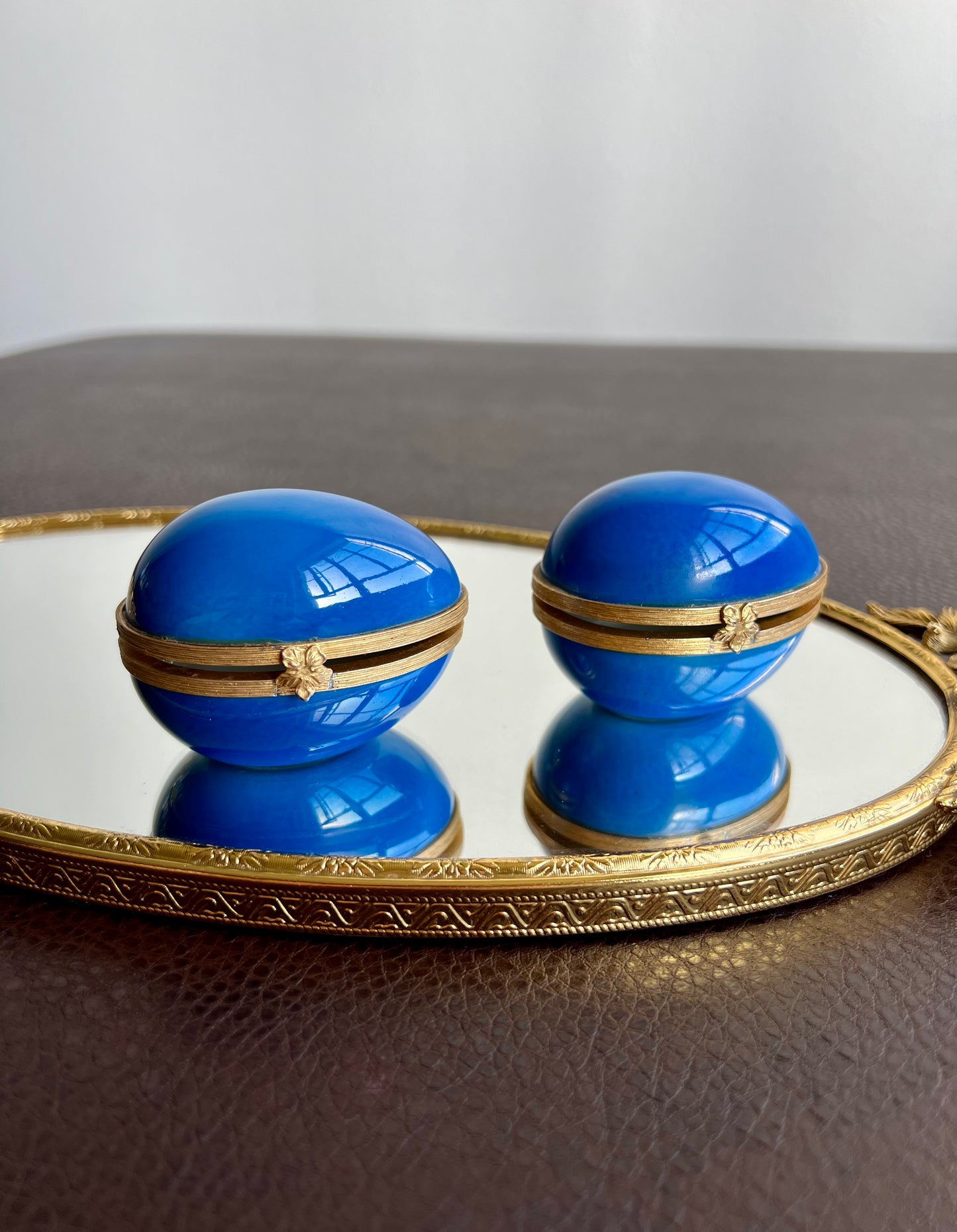 Limoges Navy Blue French Vintage Jewelry or Trinket Box Porcelain Eggs (2 pc)