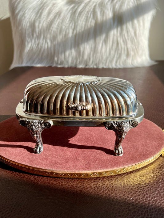 Antique F.B Rogers Silver-Plated Lion Head and Footed Butter Dish Victorian Covered Roll Top - Glass Insert