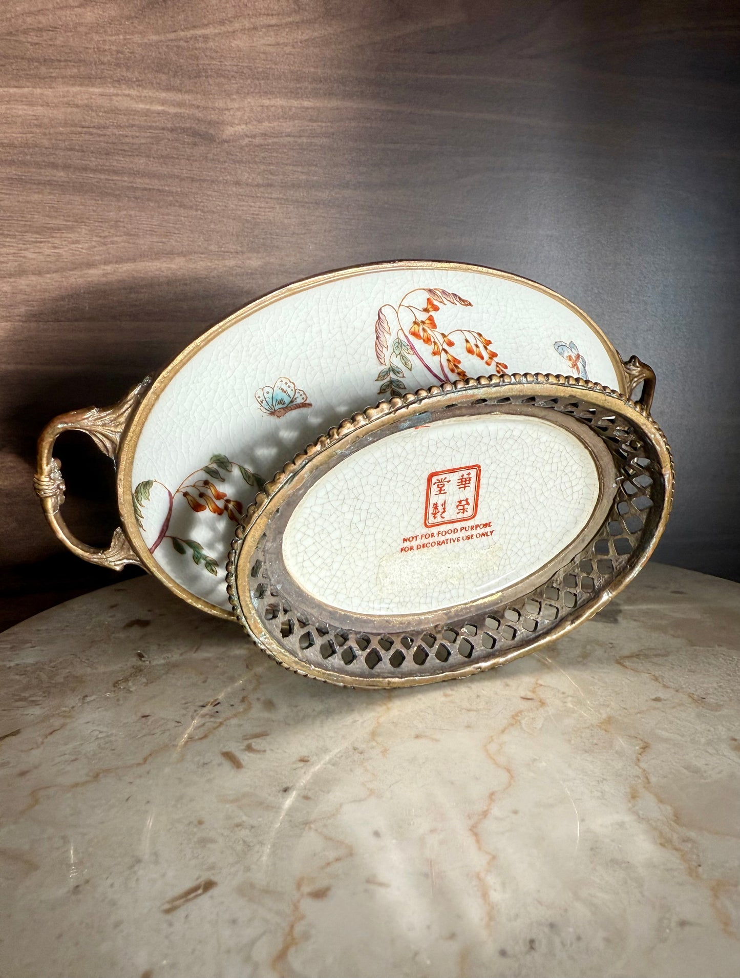 Beautiful Vintage Oval Soap Dish with Brass Feet and Handles with Floral and Bird Motif