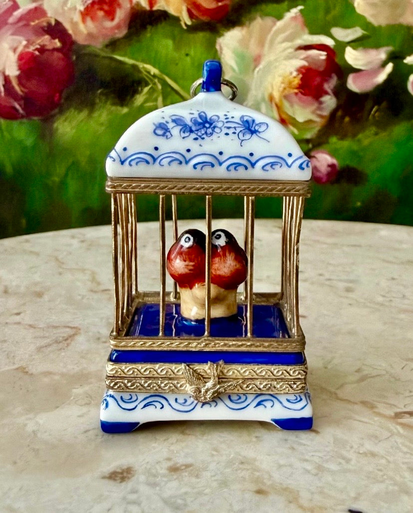 French Limoges Hand-painted Vintage Porcelain Love Birds in Cage Trinket/ Pill or Jewelry Box