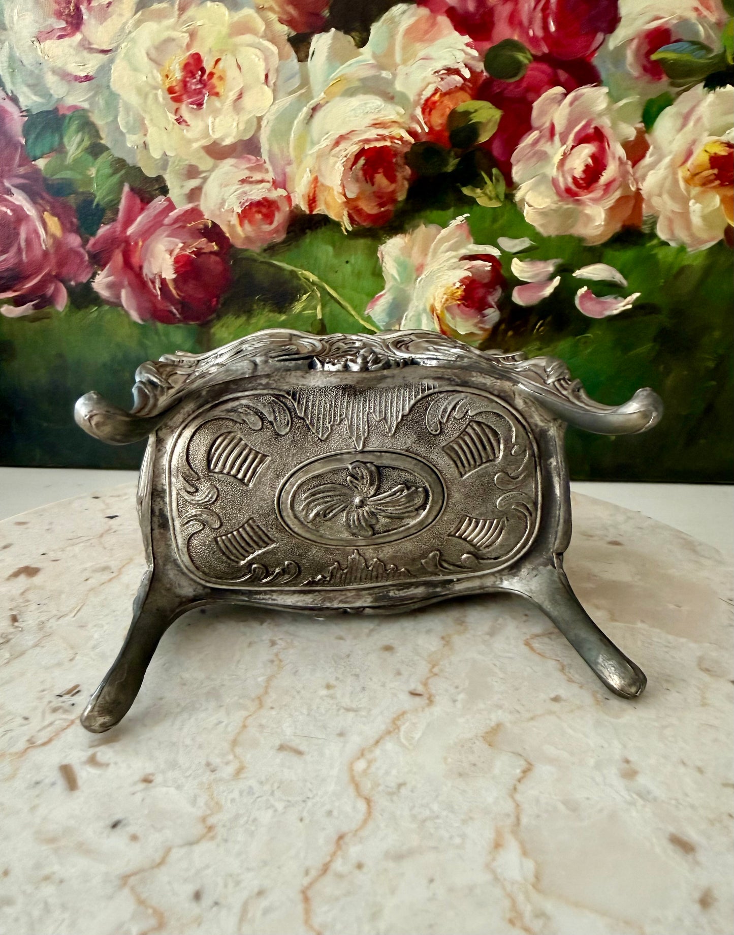 Antique Art Nouveau French Style Silver Plated Jewelry Casket Velvet Lined Romantic Trinket Box