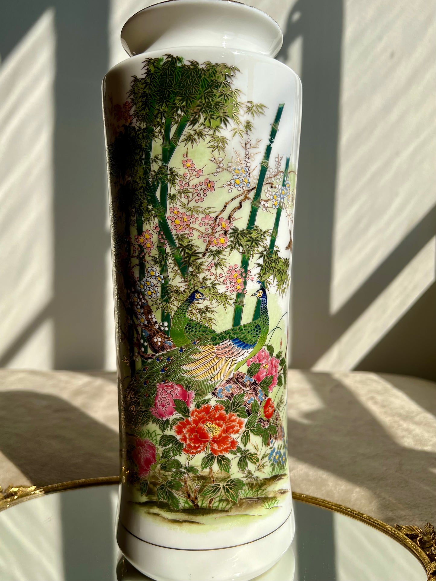 Gold Trim Vintage Peacock Tall Porcelain Japanese Vase