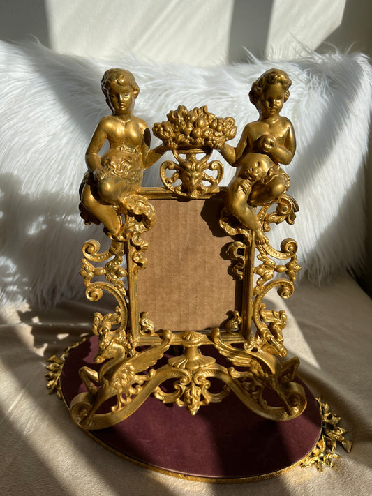 Antique/Vintage Rococo Style Brass Gold with Two Angel Cherubs Picture Frame