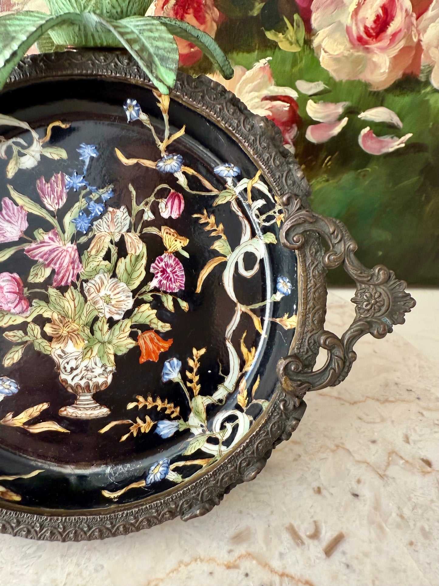 Antique Porcelain Chinese Hua Rong Tang Zhi Bronze Footed, Enameled Hand-Painted Flowers Trinket or Soap Dish, Ornate Tray