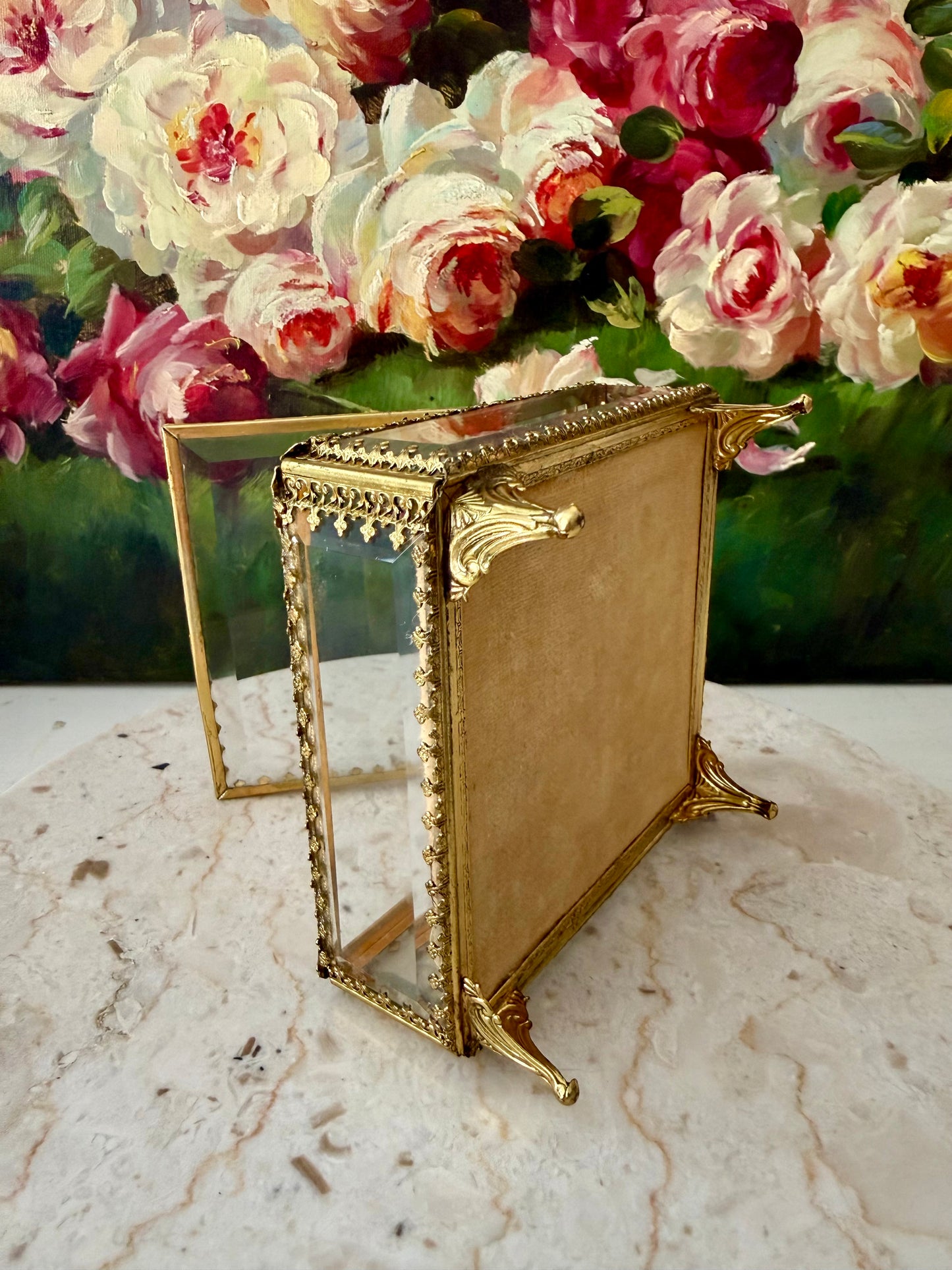 French Style Beveled Glass Vintage Brass Footed Jewelry Casket or Trinket Box from the 1950s